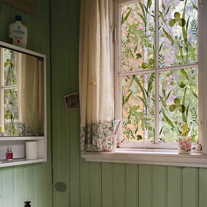 Rainbow Watercolor Green Leaves Window Film, Privacy Iridescent Static Cling Double-Sided Decals for Window Door Glass Decor, Herbs, 118.11" x 20.87"