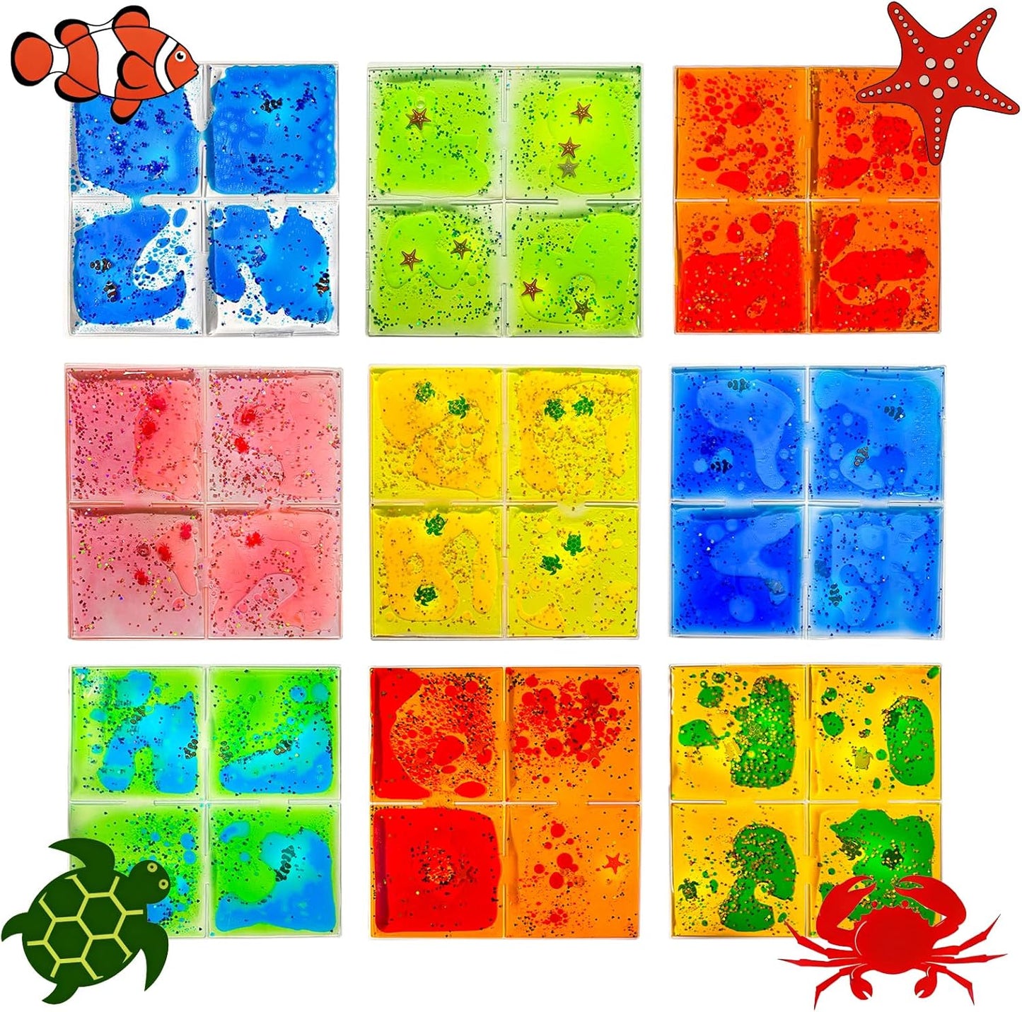 Squishy Liquid Sensory Tiles for Kids Ages 3+ – 12" Soft Tactile Visual Pads with Ocean Creatures, Glitter & Colorful Liquid for Calm Corner, Classroom, Desk or Home (9-Pack)