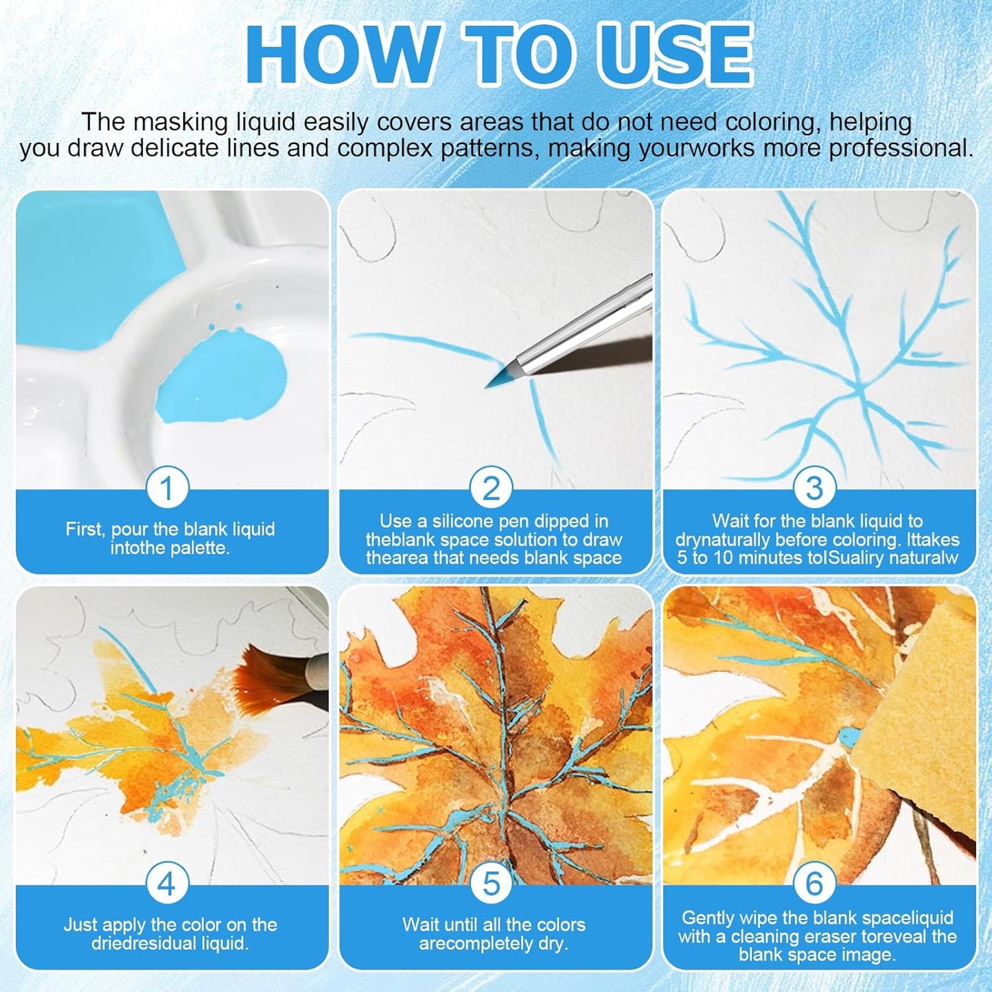 WANJAO Masking Fluid for Watercolor Painting, Liquid Masking Tape with Silicone Pens Cleaning Brush for Painting Fast Drying Easy Peel Use to Art Watercolor Supplies Retouching Covering, 30ml Blue