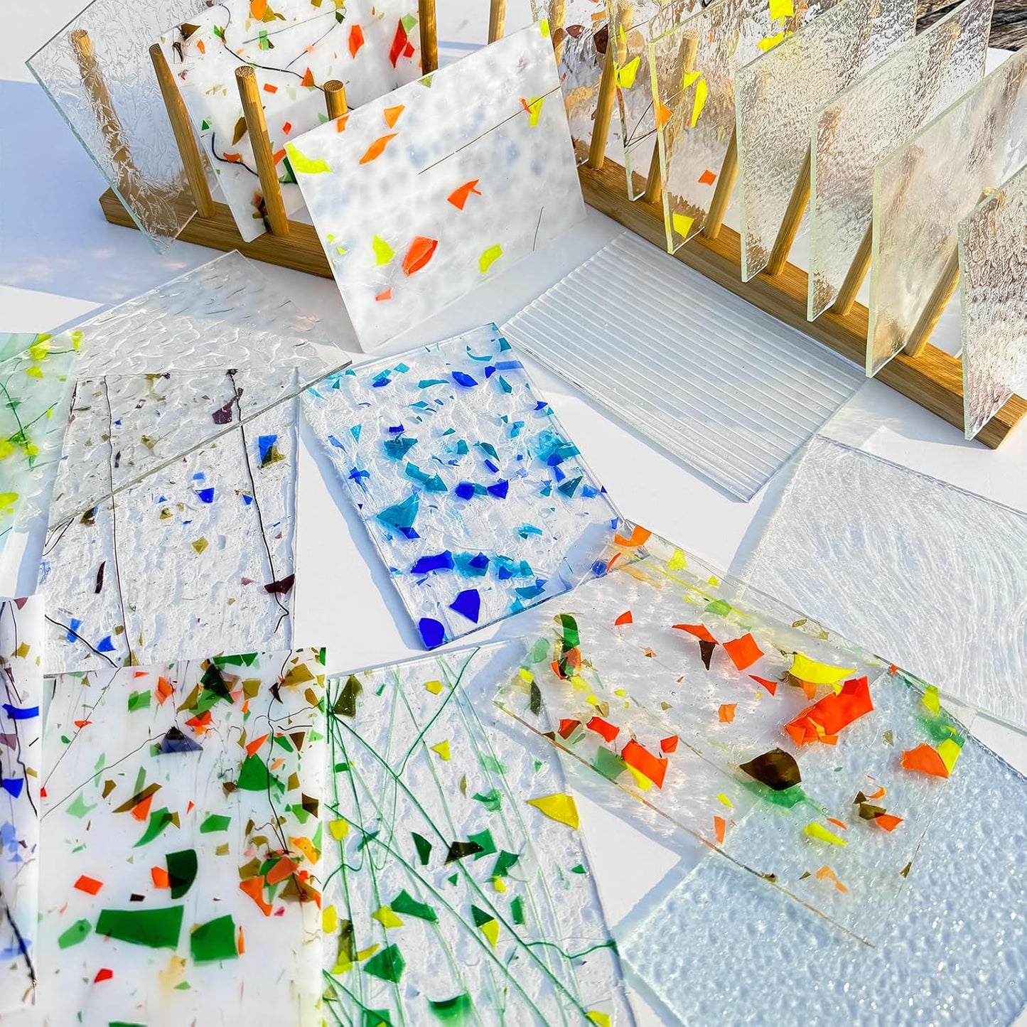 24 Sheets Clear Iridescent and Confetti Stained Glass Sheet Variety Pack, 4 x 6 inch Cathedral Art Glass Mosaic Tiles for Crafts, Stained Glass Supplies for Projects Mosaics