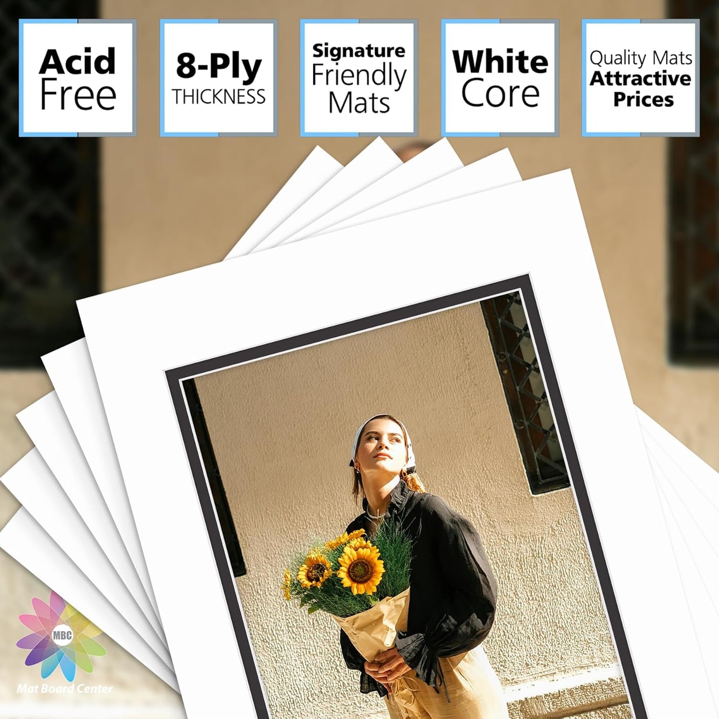Mat Board Center, Double Mat - Acid Free, 8-ply Thickness, White Core - for Pictures, Photos, Framing (White Over Black, 11x14 for 8x10, Pack of 5)