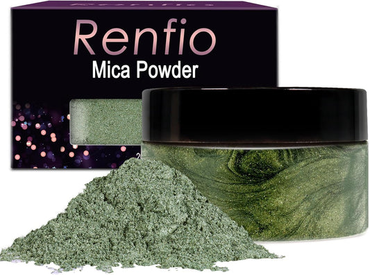 Renfio 100g Mica Powder Pigment, Metallic Natural Dye Mineral Pearl Shimmer Epoxy Resin Dye for Painting Soap Making Slime Bath Bombs 3.5 Oz - Autumn Green