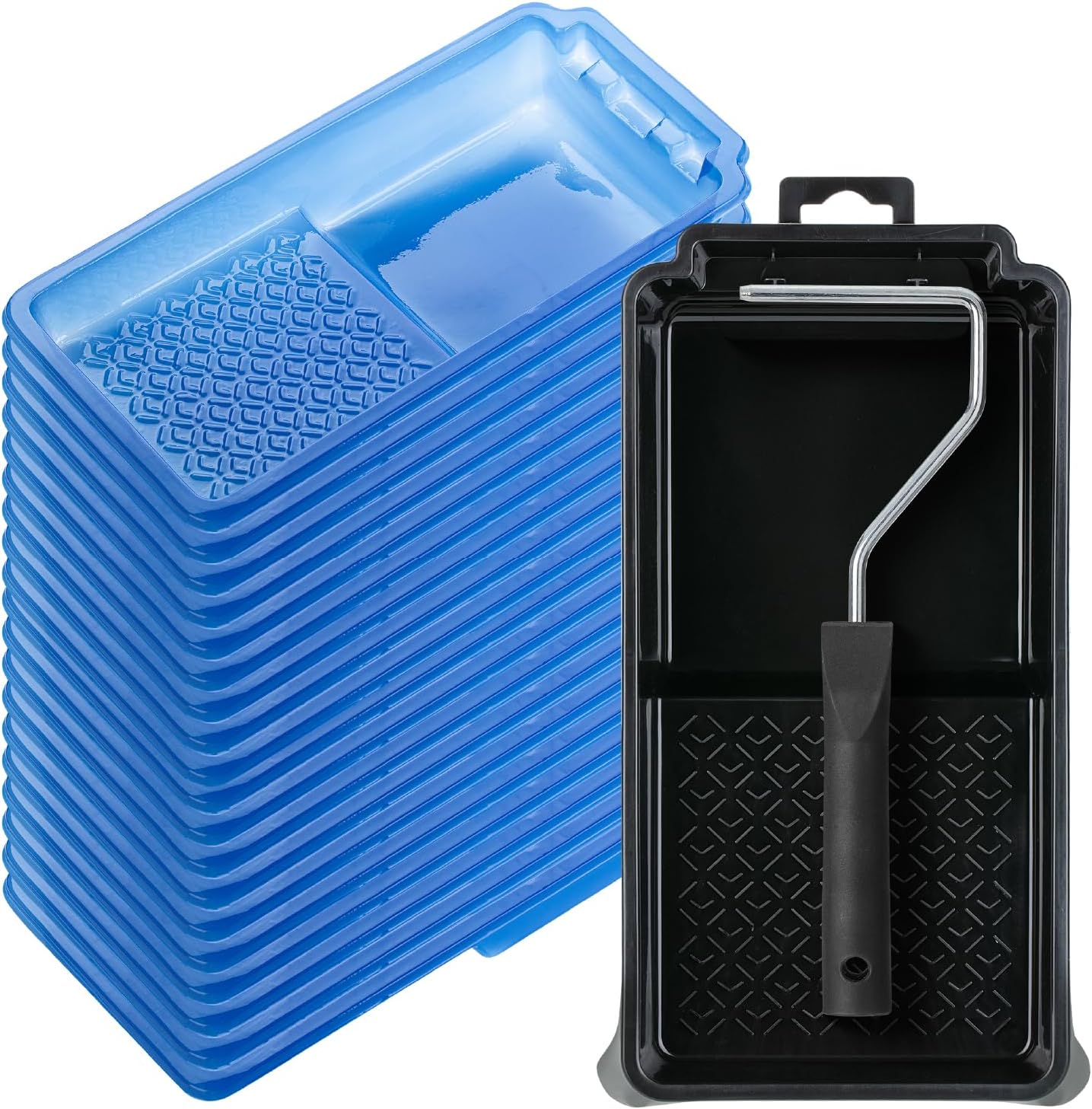 Bates- 4 Inch Paint Tray Set, 22 pcs, 1x 4 Inch Paint Roller Tray, 20x Disposable Plastic Liners & 1x Roller Frame, Black & Blue