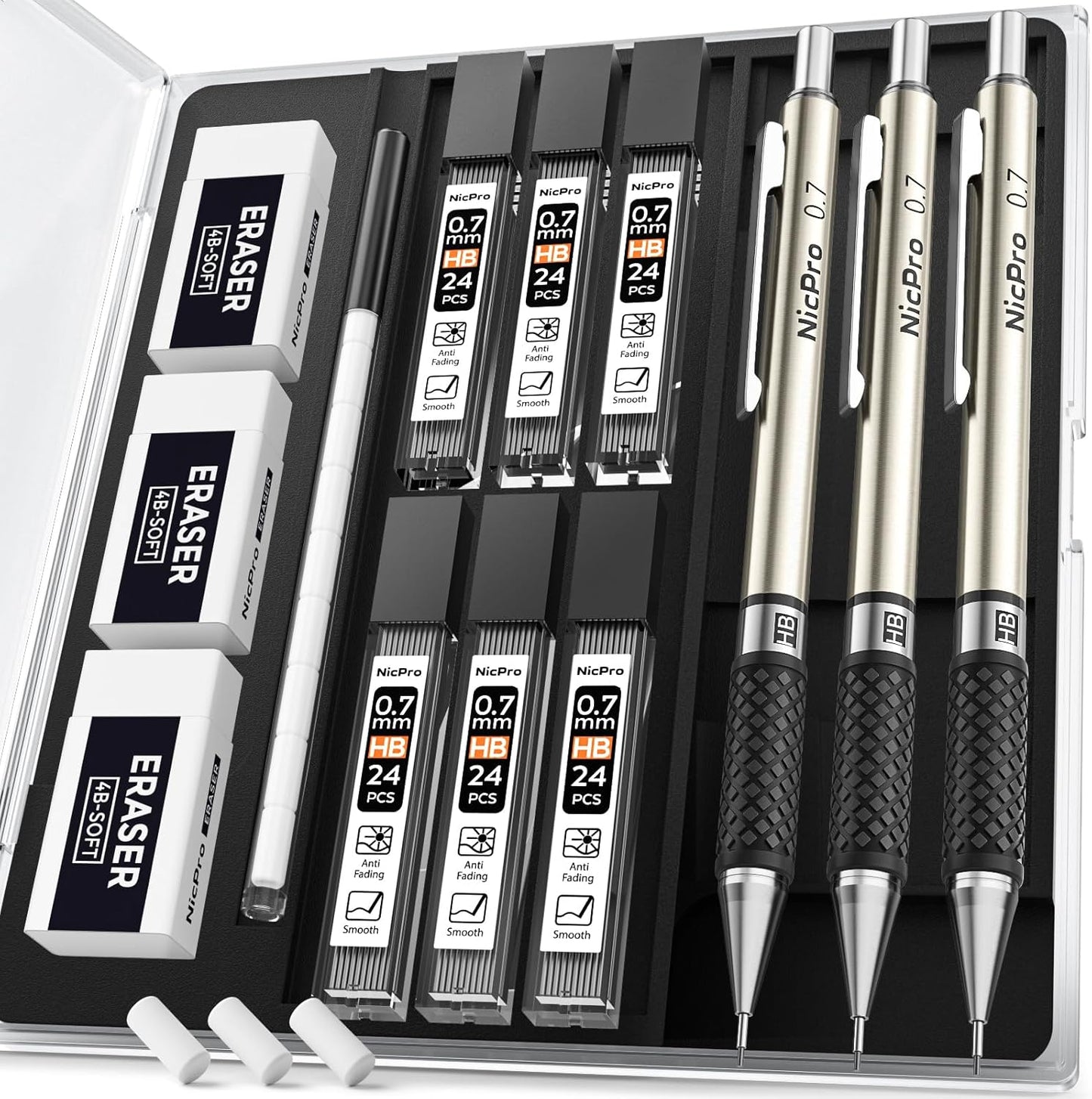 Nicpro 0.7 mm Art Mechanical Pencil Set in Storage Case, 3 PCS Metal Drafting Pencil Lead Pencil with 6 Tube HB Lead Refills, 3 Erasers, 9 PCS Eraser Refills for Artist Writing, Drawing, Sketching