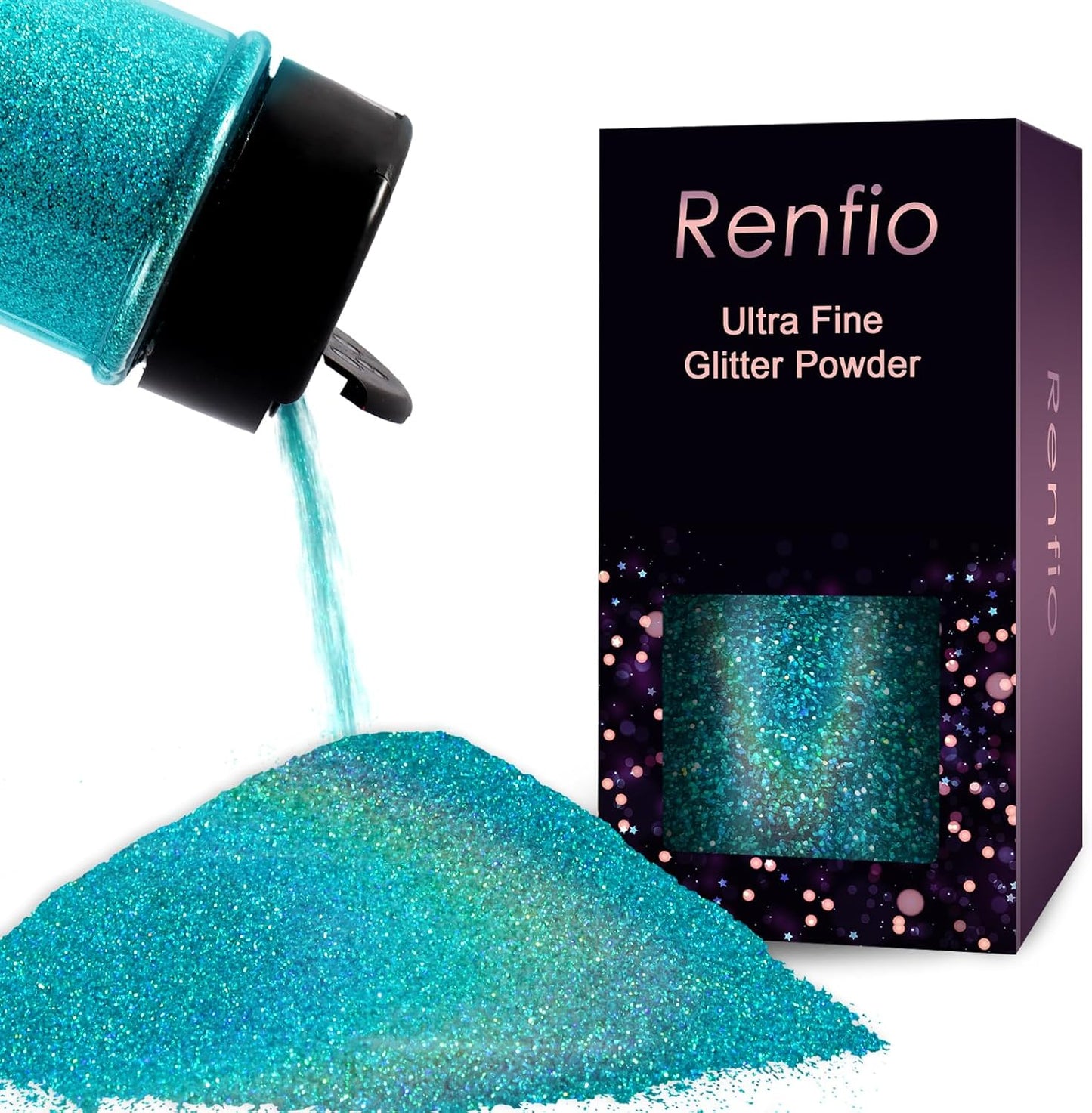 Renfio Holographic Ultra Fine Glitter Powder Metallic Resin Glitter 2.11 Oz (60g) PET Flakes Crafts Sequins 1/128" 0.008" 0.2mm Epoxy Chips Flakes for Tumblers Roses Slime - Laser Light Teal Blue
