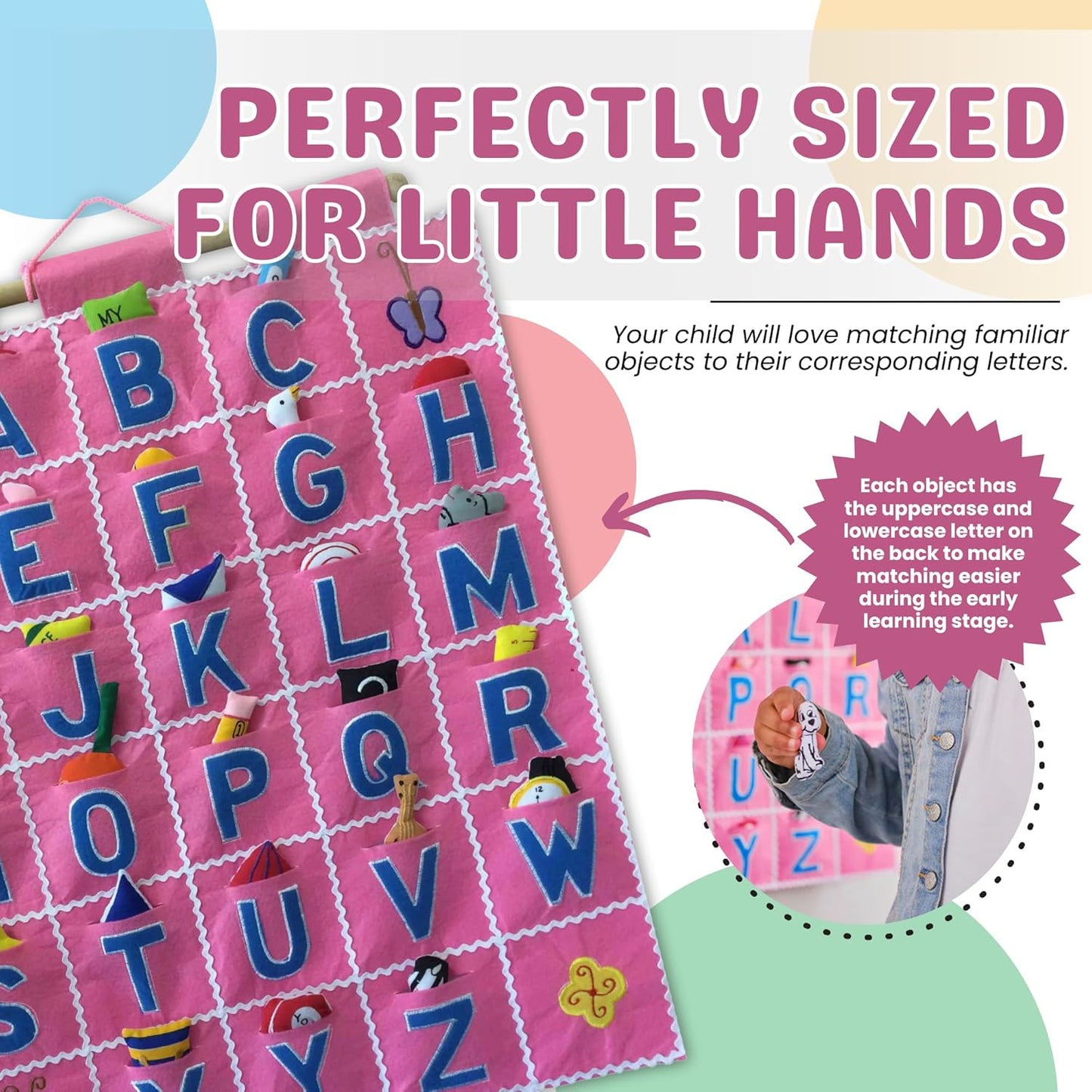 Pockets of Learning Pink ABC Felt Wall Hanging Chart - Early Education Alphabet Fabric Wall Décor for Children's Room | Engaging Educational Learning Art for Kids with Fabric Objects in Pocket