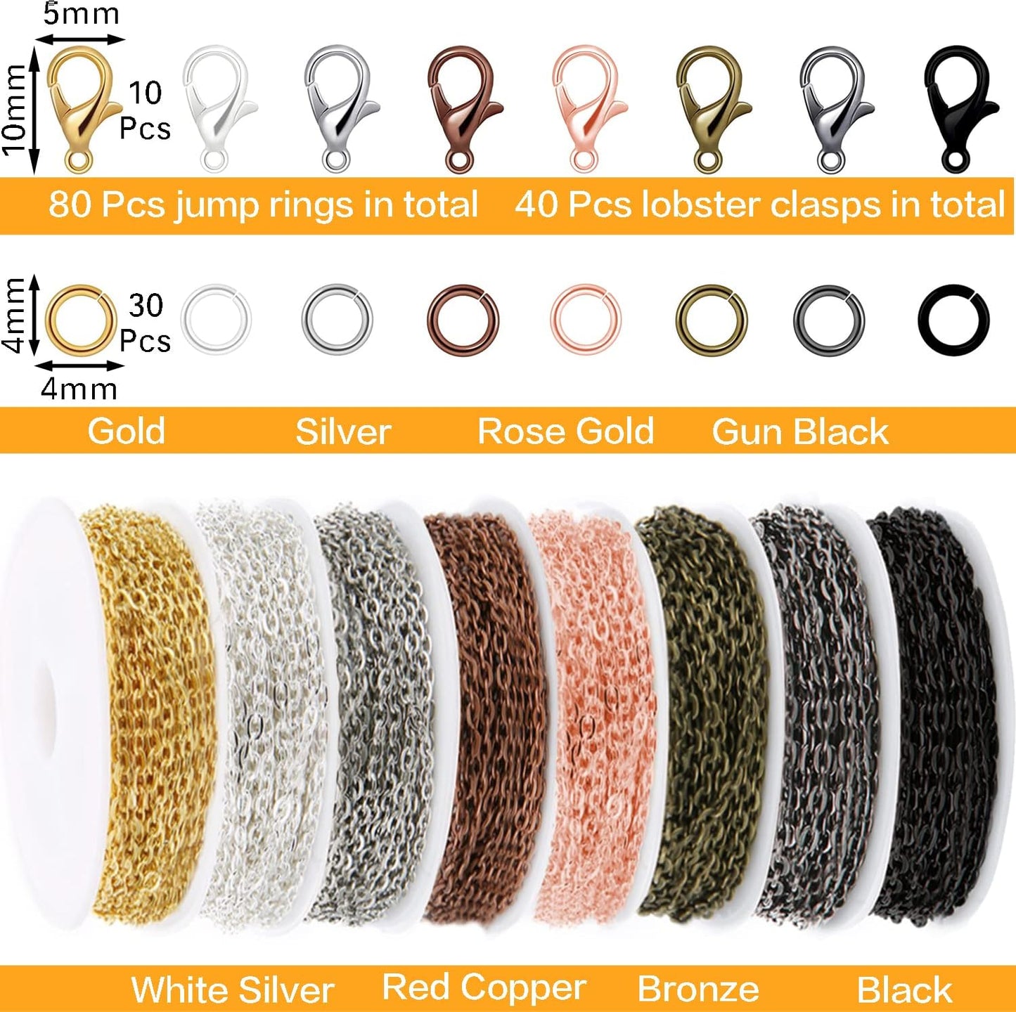 Jishi 80ft Necklace Chains Jewelry Making Chain Link Rolls Bulk 2mm - Bracelet Earring Necklace Craft Supplies DIY Jewelry Making Findings, 8-Colors Gold Silver Copper Plated Metal Rolo Cable Chains