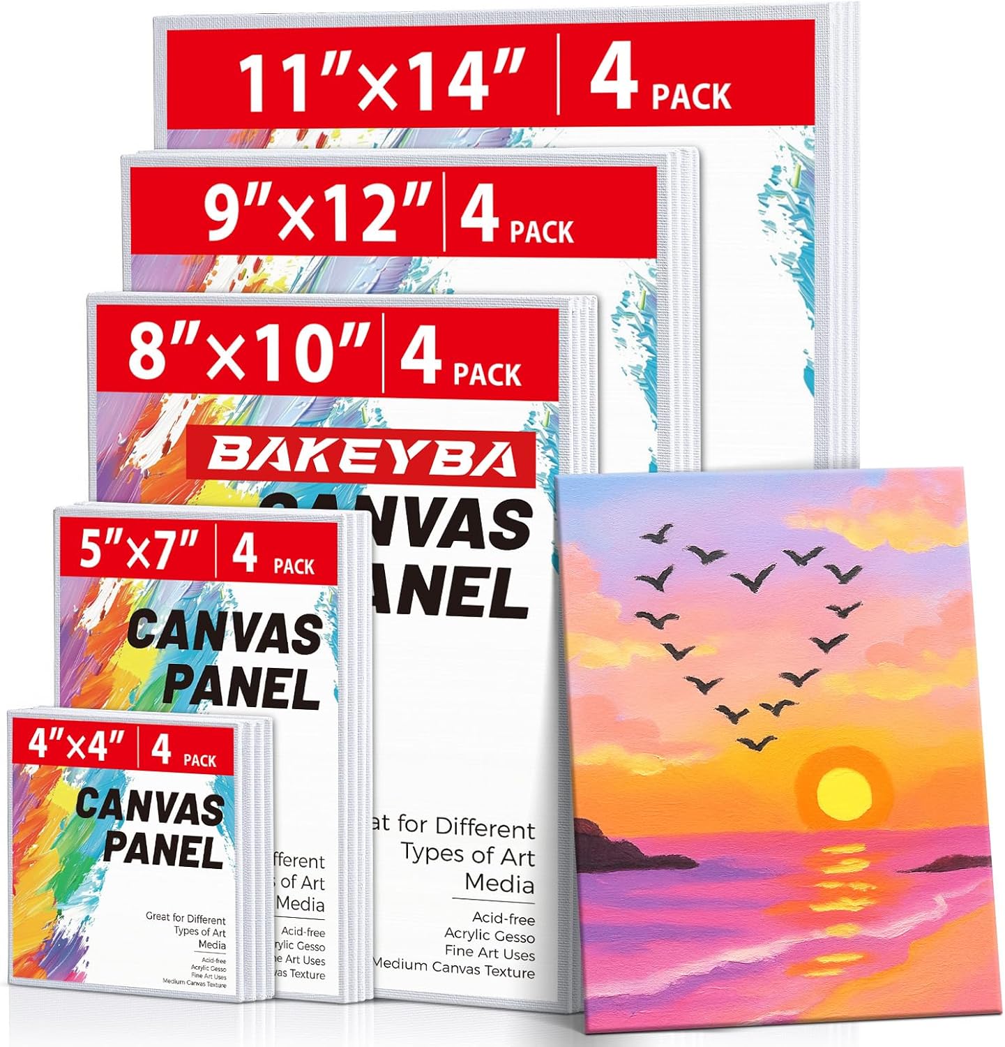 Canvas Boards for Painting 20 Pack, 4 of Each 4x4, 5x7, 8x10, 9x12,11x14 Primed White Art Canvas Panels for Acrylic, Oil Paint, Watercolor