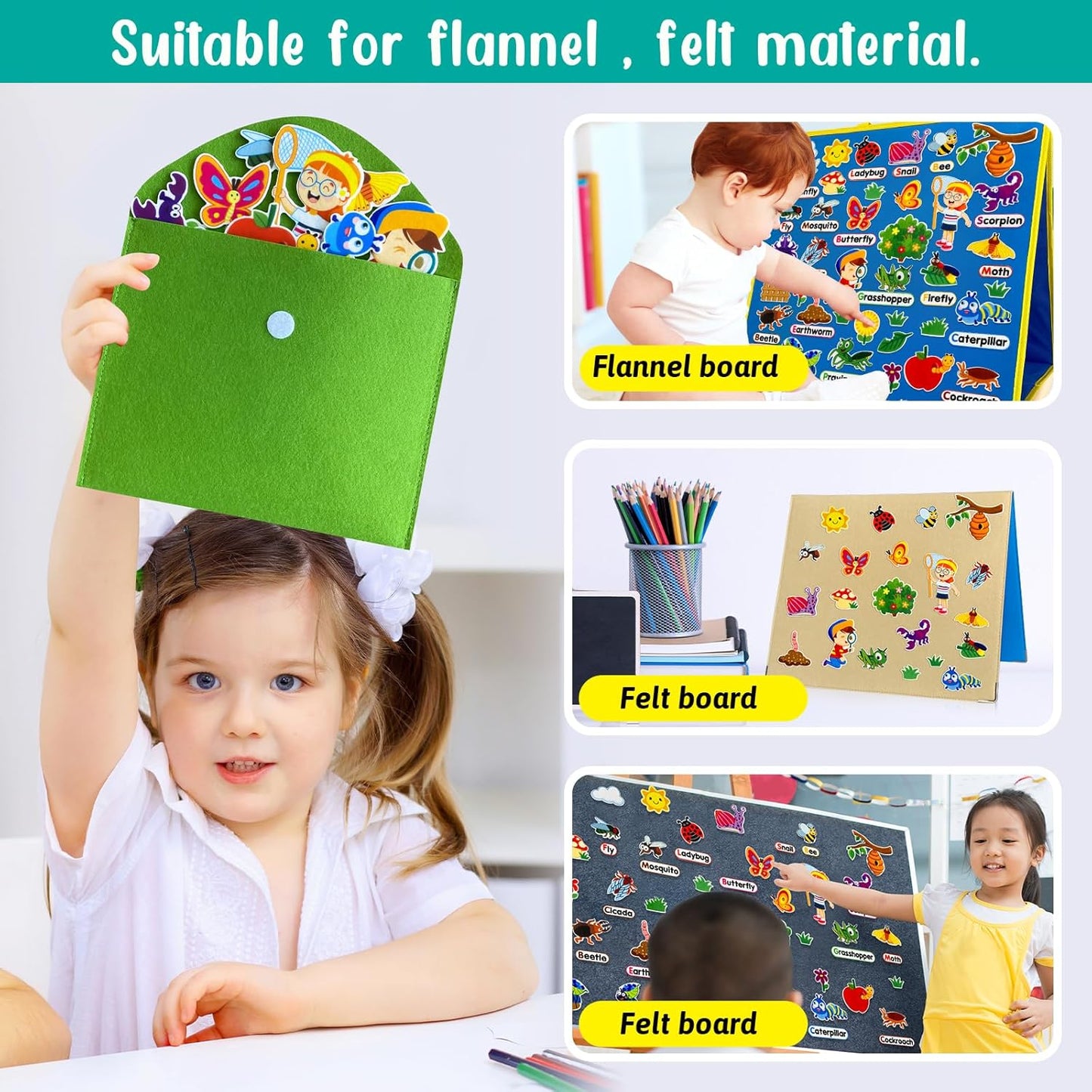 Felt Flannel Board Story Pieces for Toddlers Preschool,Kids Interactive Storytelling Teaching Play Kits for Flannel Board,with Words Felt Pieces(Insect Butterfly)