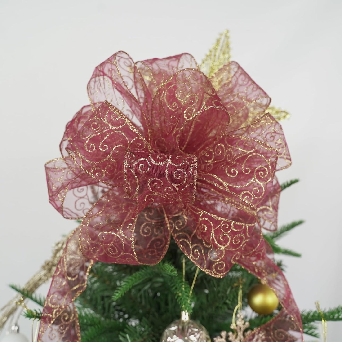 MEEDEE Red Gold Swirl Wired Ribbon 2.5 Inch Dark Red Sheer Ribbon with Gold Swirl Glitter Wired Ribbon Organza Sheer Ribbon 25 Yards Burgundy Sheer Christmas Ribbon for Christmas Tree, Wreath Bow