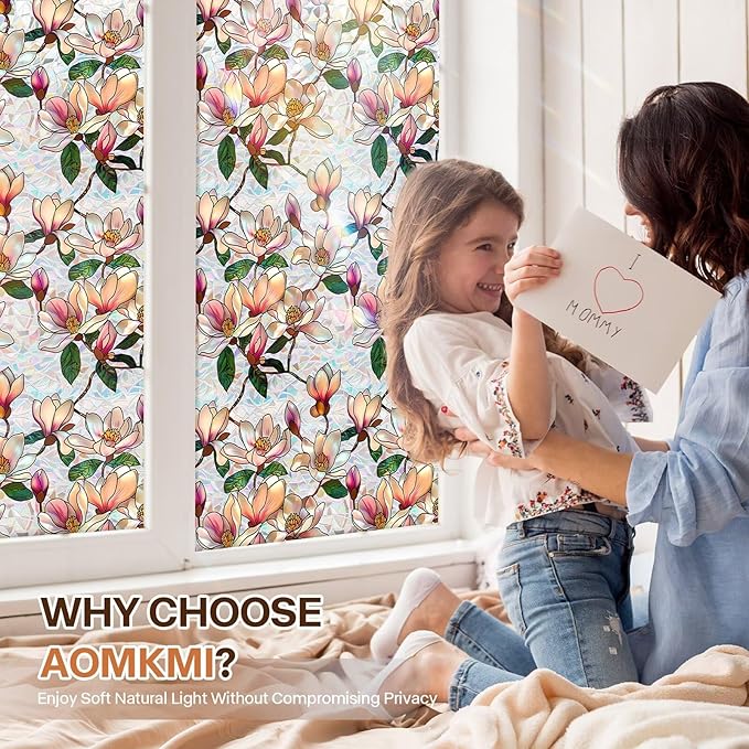 Floral Window Privacy Films, Stained Glass Rainbow Window Sticker Decor, UV Blocking Removable Static Cling Film for Bathroom Living Room Bedroom Sunroof, 17 x 39.37 Inch