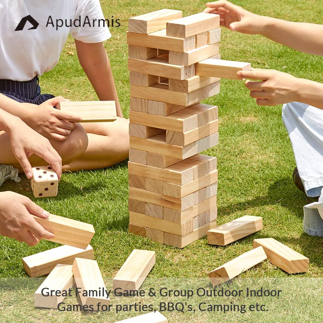 ApudArmis 60 PCS Tumble Tower, (Stack up to 5Ft) Pine Wooden Stacking Timber Game with 1 Dice Set - Classic Block Outdoor Game for Teens Adults Family
