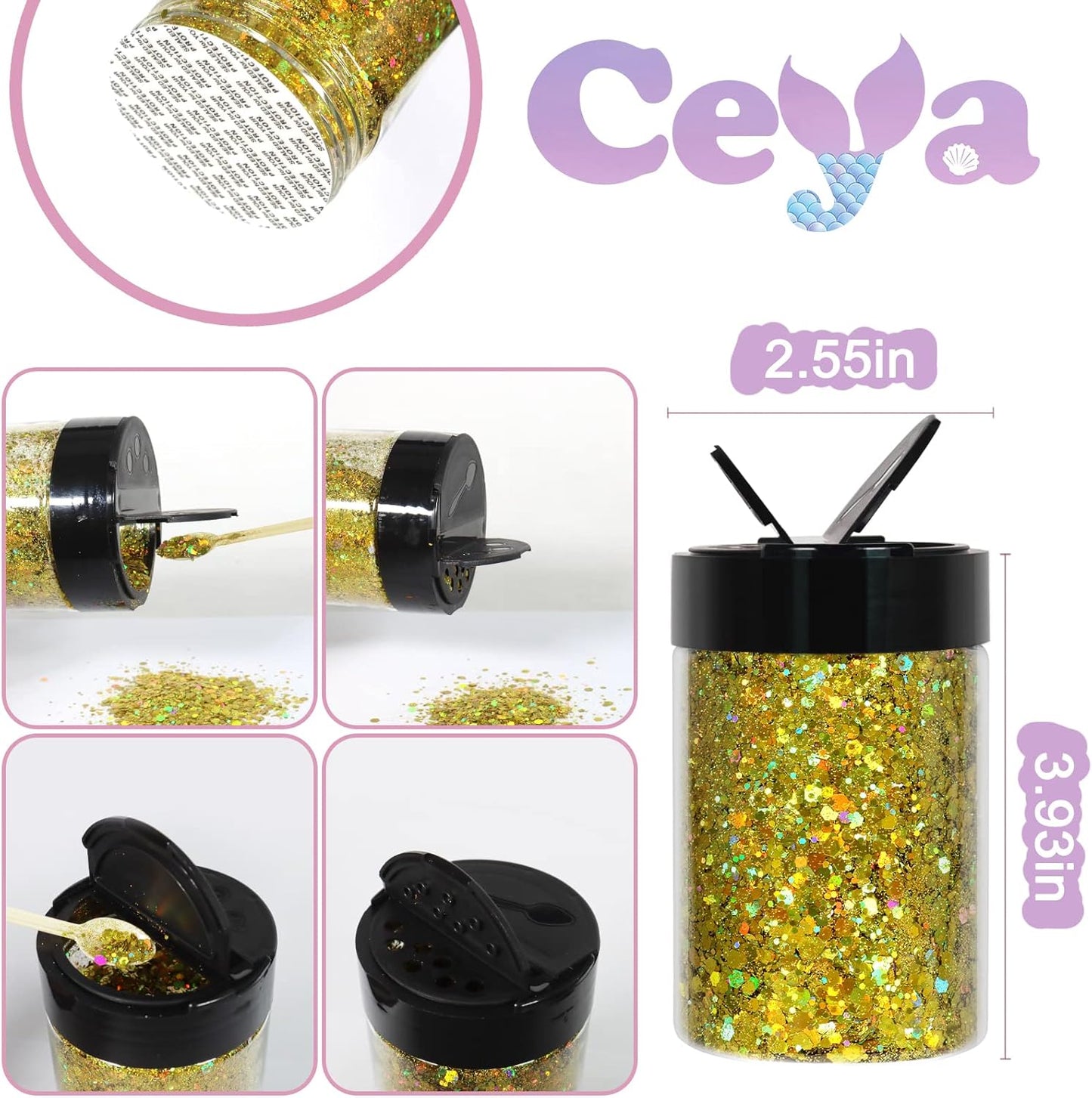 Ceya Holographic Chunky Glitter, 4.9oz/ 140g Cyan Gold Craft Glitter Powder Mixed Fine Flakes Iridescent Nail Sequins for Nail Art, Hair, Epoxy Resin, Tumblers, Slime, Painting, Festival Decor