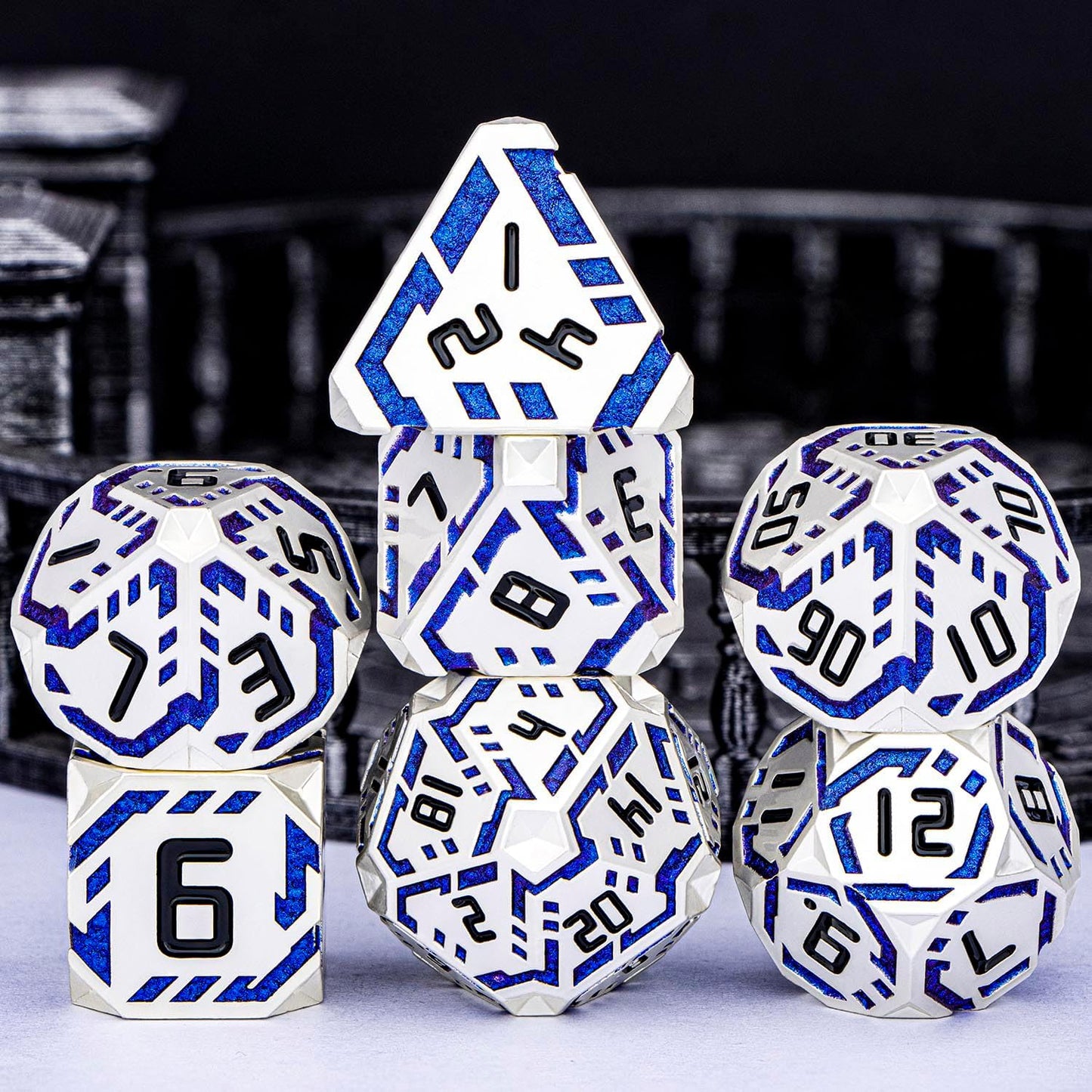 Metal DND Sci-fi Dice Set 7PCS Stripe Polyhedral Dice for Dungeons Dragons RPG Role Playing Game, Glitter D and D Dice with Gift Box D6 D8 D10 D12 D20 (Silver Blue)