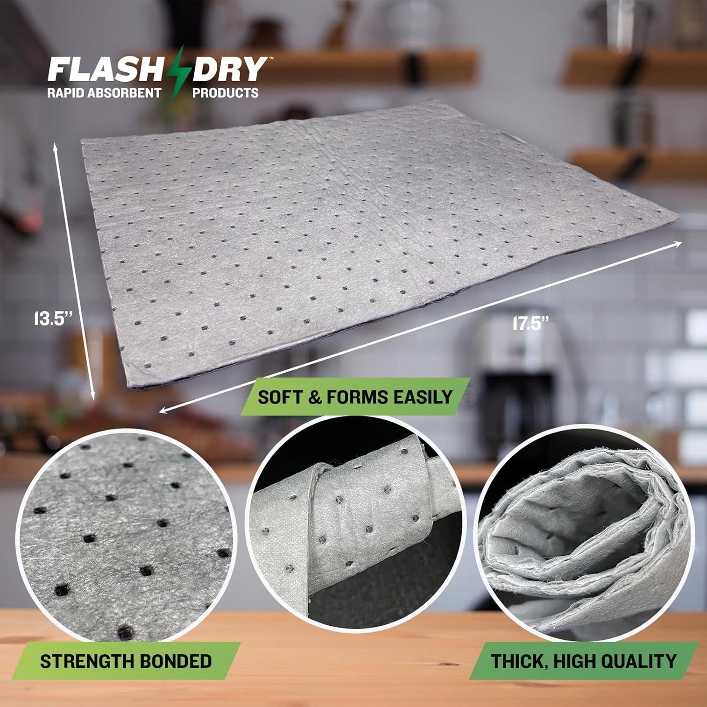 FlashDry - Universal Spill Absorbent Pads | 17.5” x 13.5” x 2mm Oil and All Purpose Premium Liquid Pads Packed in a Convenient Sturdy Dispensing Box - 300 Pads in Total