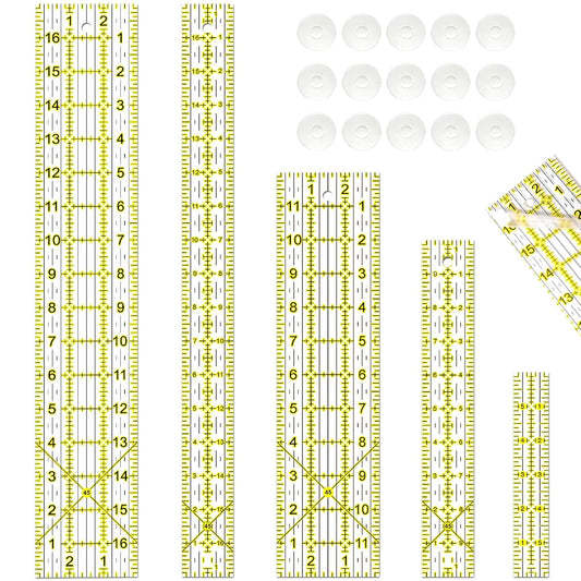 Quilting Rulers, Sewing Ruler, Acrylic Ruler for Sewing and Quilting,Cutting Ruler with Non-Slip Rings (3"x17",1.5"x17",3"x12",1.5"x10",1"x6") (Yellow)