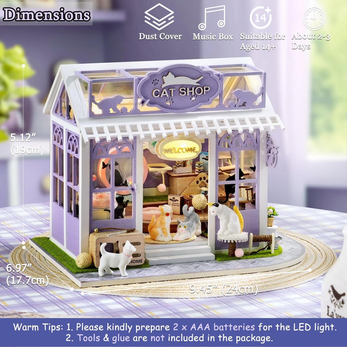 TuKIIE DIY Miniature House Kit with Furniture, 1:24 Scale Creative Room Mini Wooden Dollhouse Book Nook Plus Dust Proof & Music Movement for Kids Teens Adults(Cat Shop)