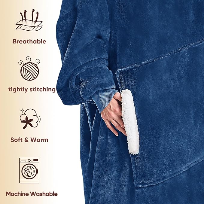 yescool Wearable Blanket Hoodie, Flannel Sherpa Fleece Blanket Sweatshirt for Adults Women Men,One Size Fits All