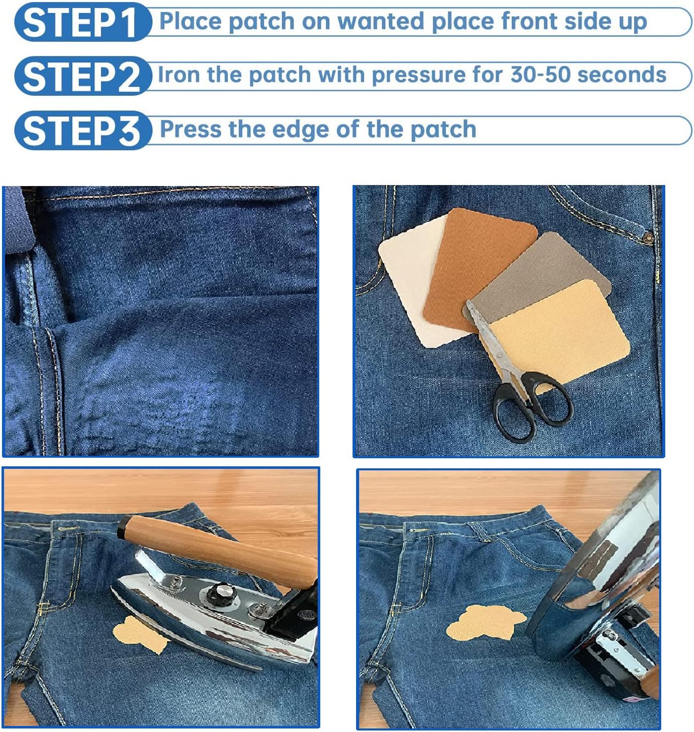 12PCS Fabric Iron on Patches Inside & Outside Strong Glue 100% Cotton Repair Patch for Clothes Pants Mending and Decorating, White