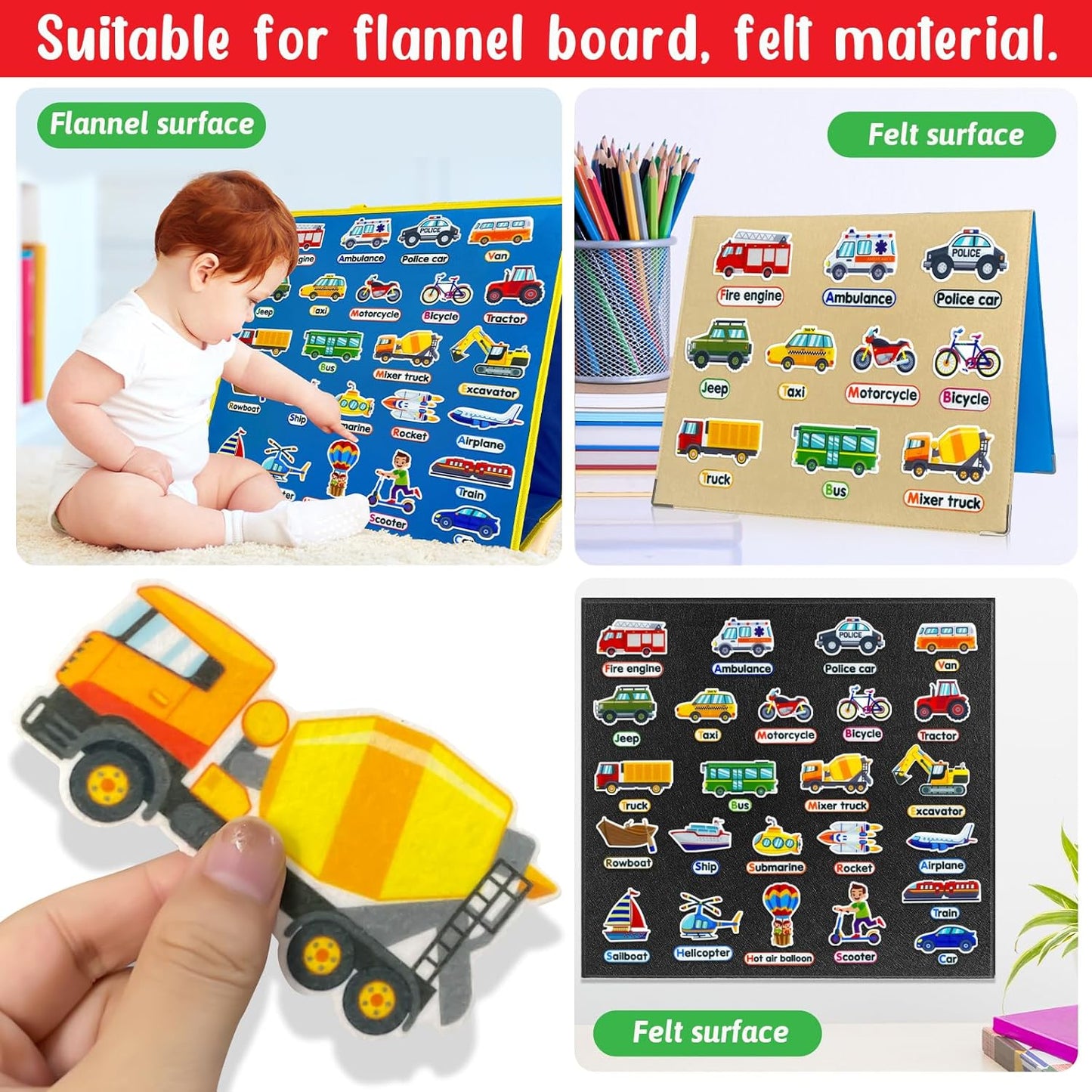 Felt Transportation Vehicles Learning Pieces,48 Felt Flannel Board Pieces,Air Land Sea Airplane Learning for Toddlers for Kindergarten,Preschool,Toddlers