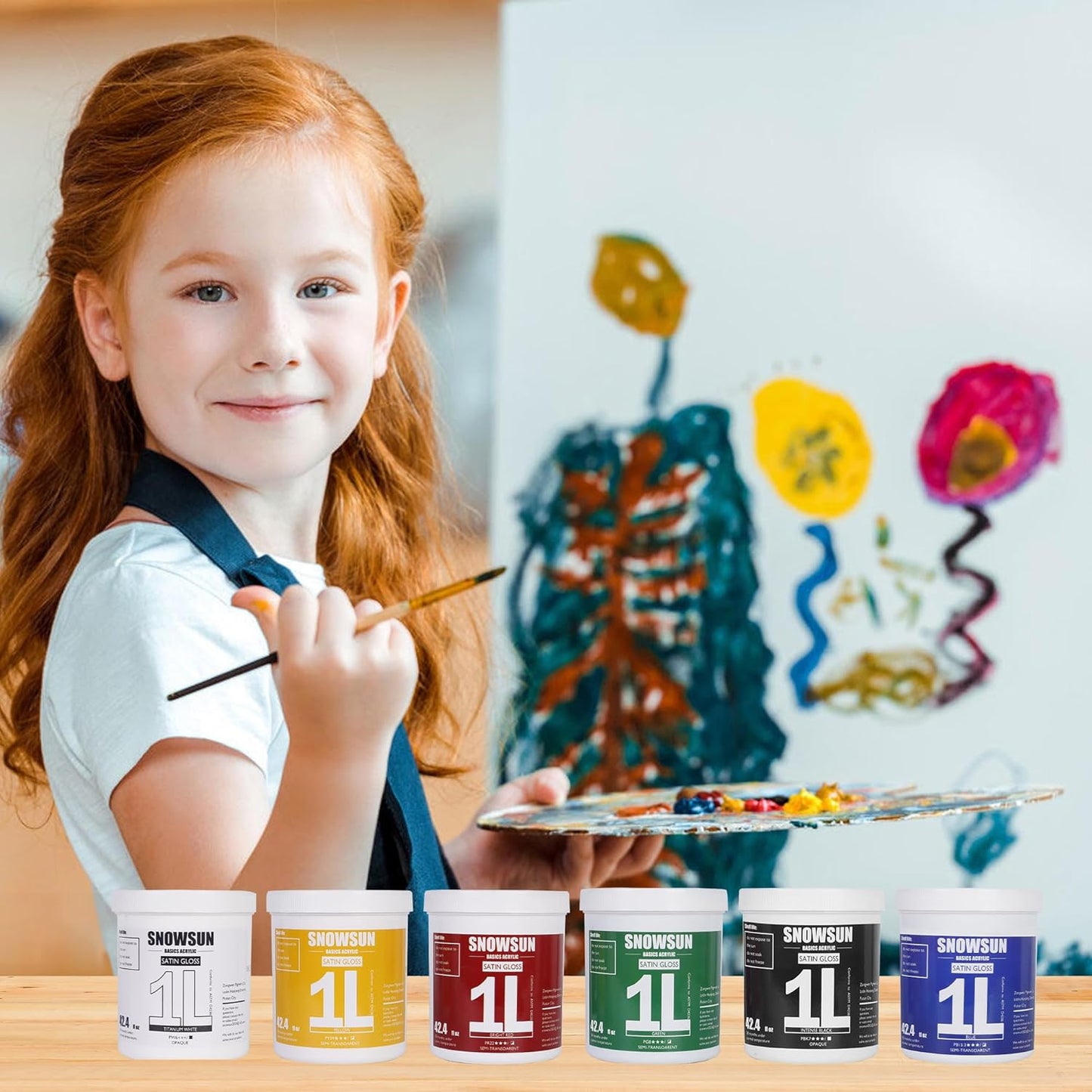 SNOWSUN Acrylic Paint Set, 6 Colors (1L/42.4 fl oz Each) Large Bulk Acrylic Paints, Gloss Non-Toxic Heavy Body Paints - Thick Art Paints for Multi-Surface Canvas Wood Ceramic Fabric Wall- Ideal for Artists & Beginners