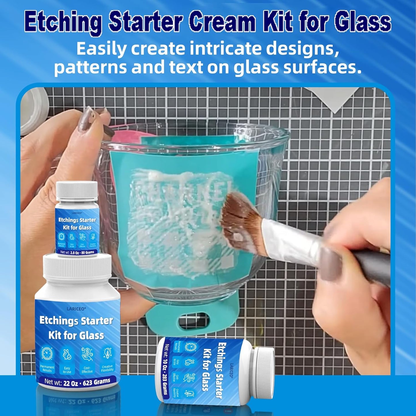 2.8 oz Glassware Etching Kit Creates Permanent Etched Patterns, Etch Starter Kit for Glass, Art Mirrors Frosted Tool for Mirrors, Windows, Glass Etching Starter Medium for Intricate Designs