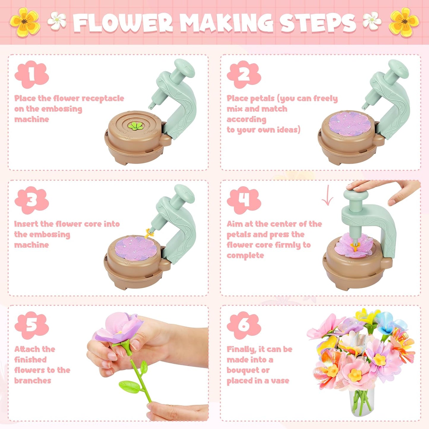 Fabric Flower Bouquets Toys, DIY Craft Kits Toys for Kids - Flowers Market Toy, Build Your Flower Bouquet, Arts & Crafts for 4 5 6 7 8 Year Toddler Girl, Educational Activity Preschool B-Day Gifts