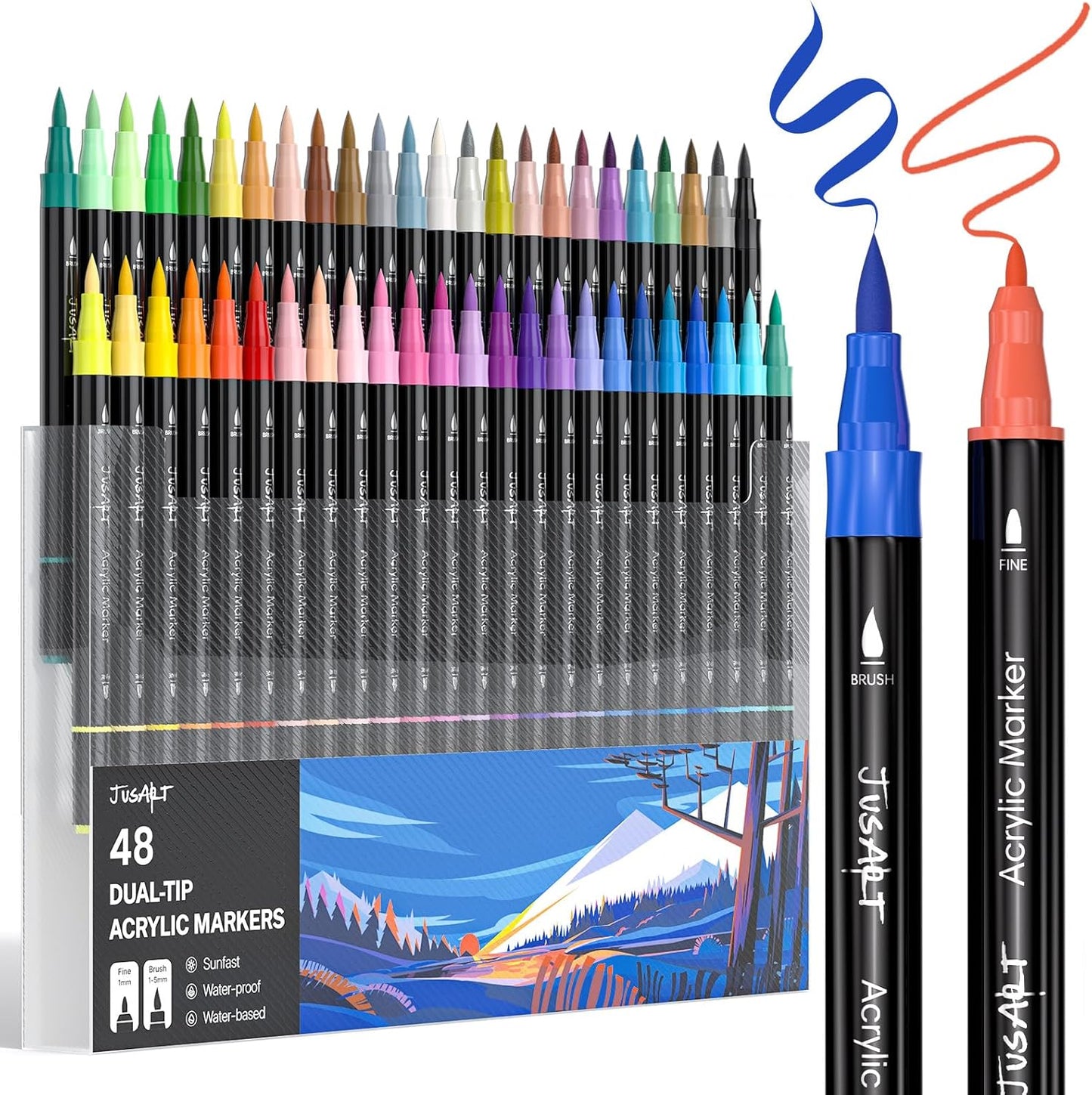 JusArt 48 Colors Dual Tip Acrylic Paint Pens Markers, Brush and Fine Tip, Premium Paint Pens for Wood, Canvas, Egg, Stone, Fabric, Rocks, Metal, Glass, Ceramic, DIY Crafts Making Art Supplies Gifts