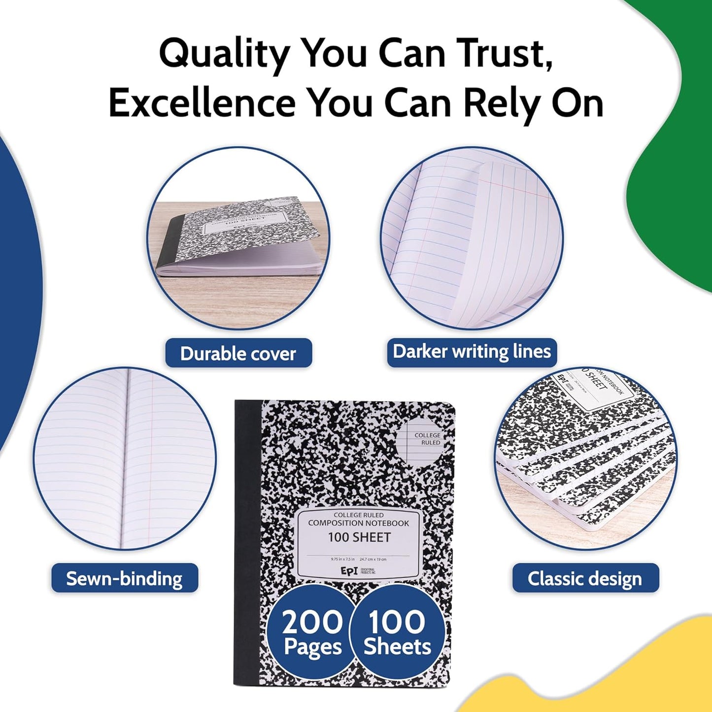 EPI Marble Hardcover College Ruled Composition Notebook | 200 Pages (100 Sheets), 9.75 x 7.5 in, Sturdy Sewn Binding | School, Office, Journaling, Notes - 6 Pack