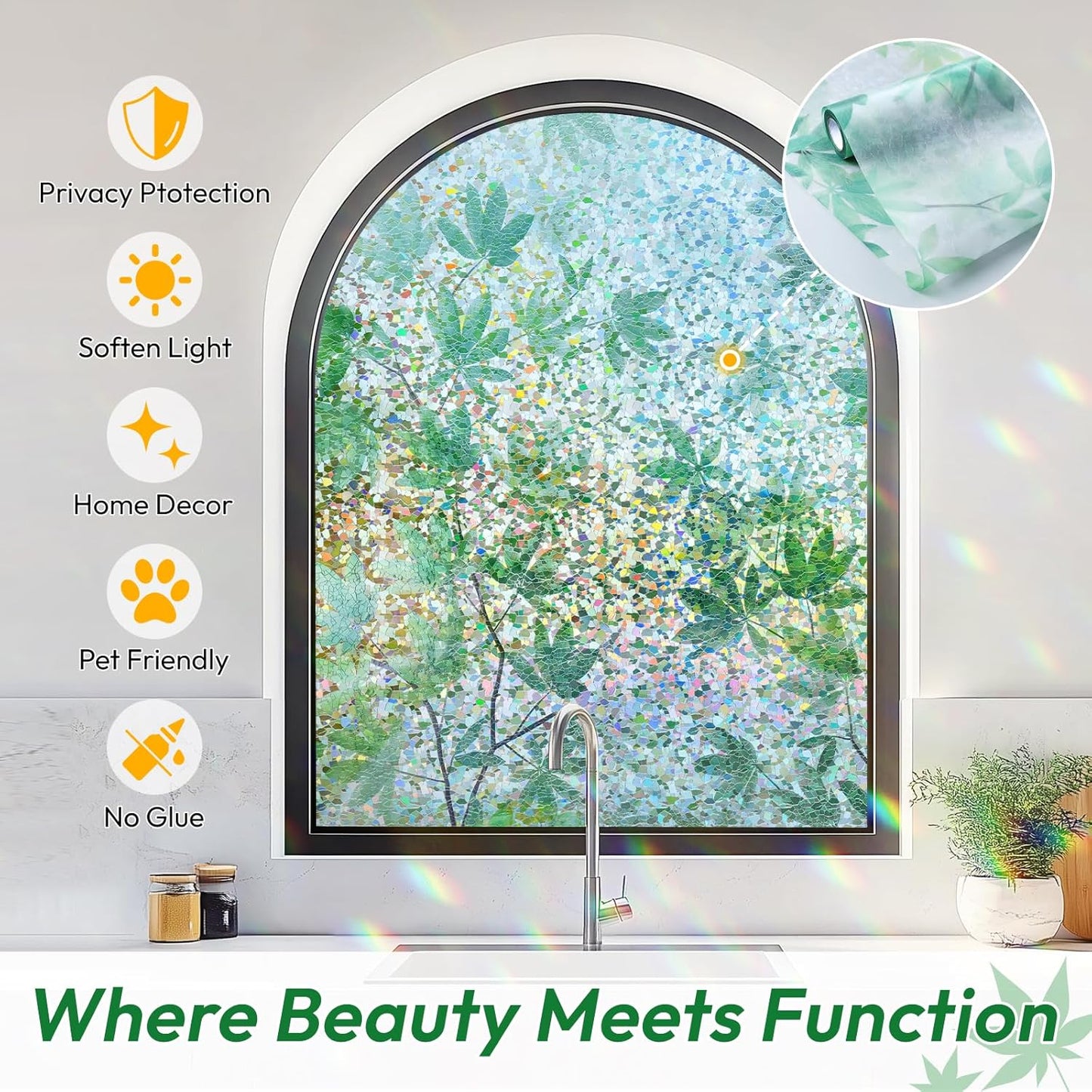 rabbitgoo Rainbow Window Privacy Film Decorative Stained Glass Diamond Pattern Window Sticker with Iridescent Tint Non-Adhesive Static Cling for Home Office Bathroom, Green Leaf 17.5 x78.7 inch