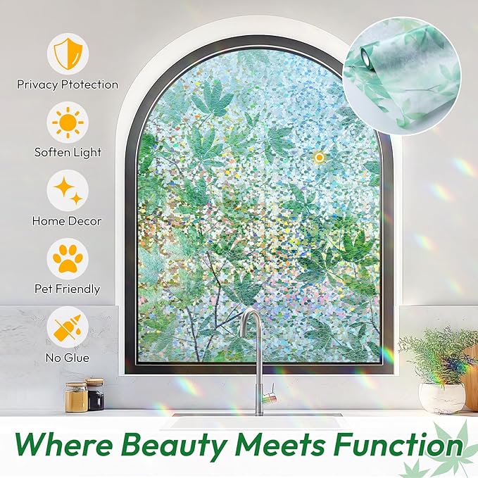 rabbitgoo Rainbow Window Privacy Film Decorative Stained Glass Diamond Pattern Window Sticker with Iridescent Tint Non-Adhesive Static Cling for Home Office Bathroom, Green Leaf 35.4 x 78.7 inch
