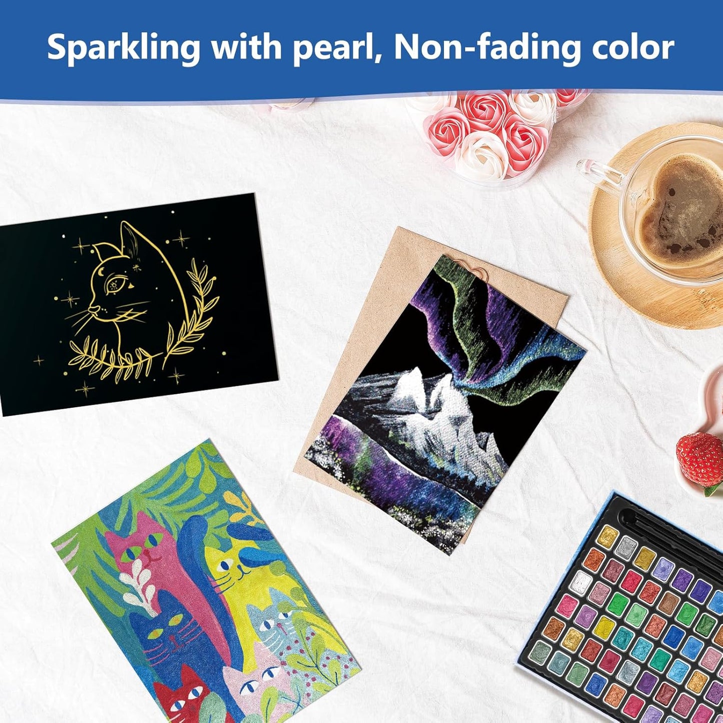 Mini Glitter Watercolor Paint Set with Paper, 36 Colors Shimmer Metallic Watercolour Painting Sets, Solid Pearl Water Color Paints for Adult, Kids, 1ml Trial Package(3ml 36 Colors)