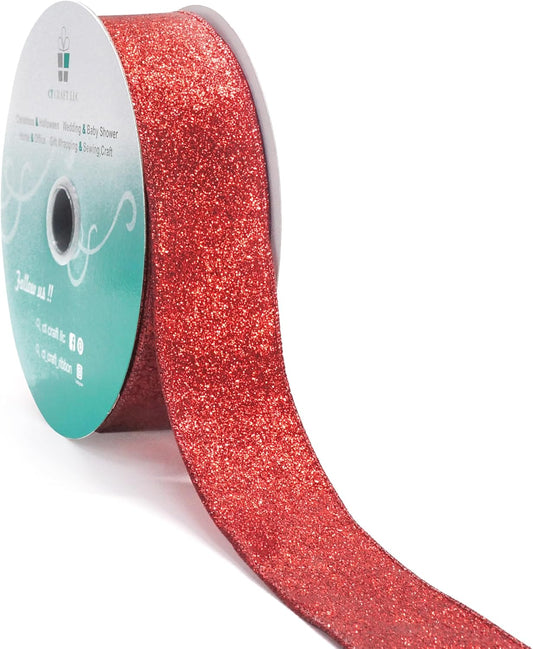 CT CRAFT LLC Glitter Wired Ribbon 1.5" x 20 Yards Red for Christmas Home Decor Bow Gift Wrapping DIY Crafts Wreath