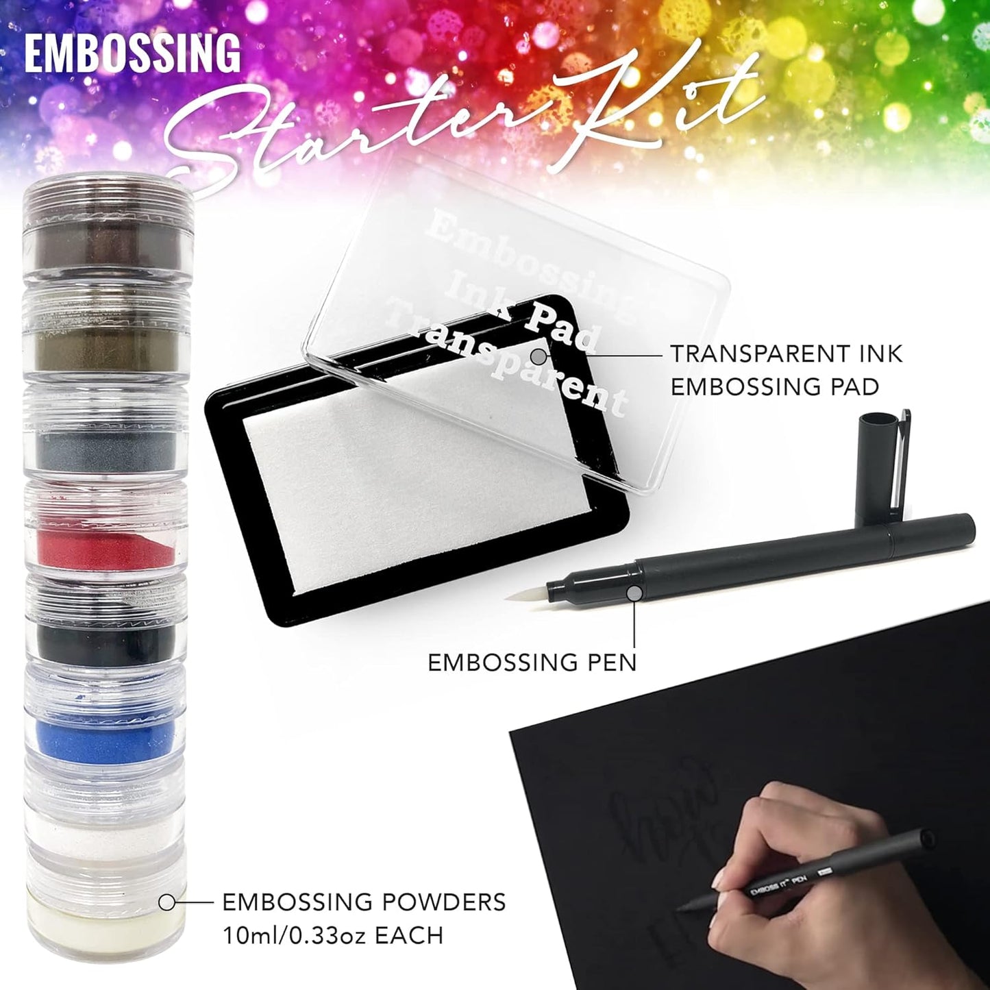 Embossing Kit, Powder, Clear Embossing Pen, Embossing Ink Pad, 8X 10ml Embossing Powders for Use with Embossing Heat Tool for Crafts