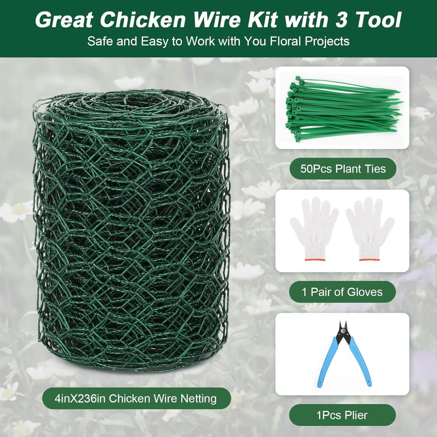4 × 236 in Floral Wire Netting, Green Chicken Wire for Floral Arrangements, Galvanized Coated Chicken Mesh Netting with Plier & Plant Ties for Floral Supplies | Garden Fencing | DIY Craft
