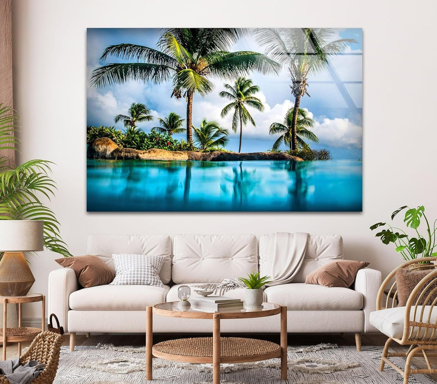 My Photostation.com 43Wx27H'' Island & Blue Sea Glass Wall ArtTempered Glass Printing Wall Decor Large Wall Art Wall Hangings