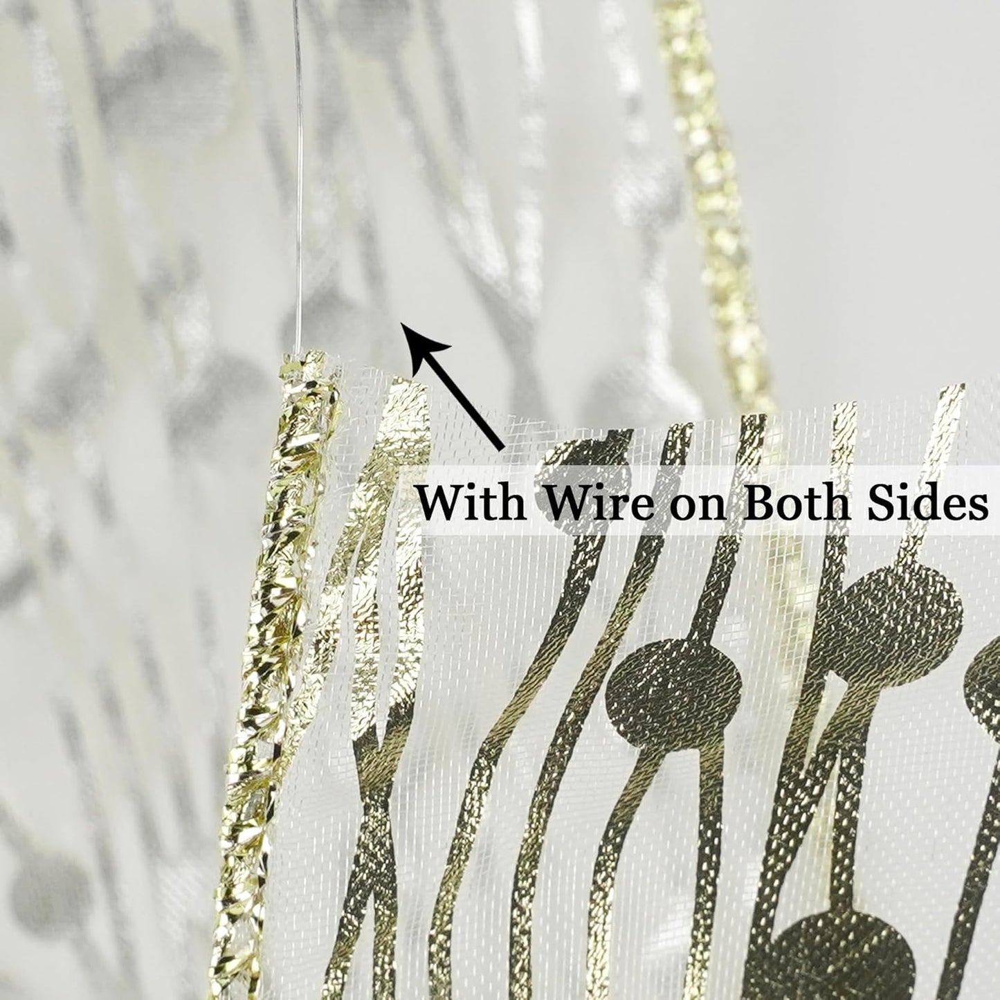 MEEDEE Gold Wired Ribbon - 2.5 Inch Sheer Organza With Horizontal Stripes and Polka Dots - 25 Yards for Gift Wrapping, Garland