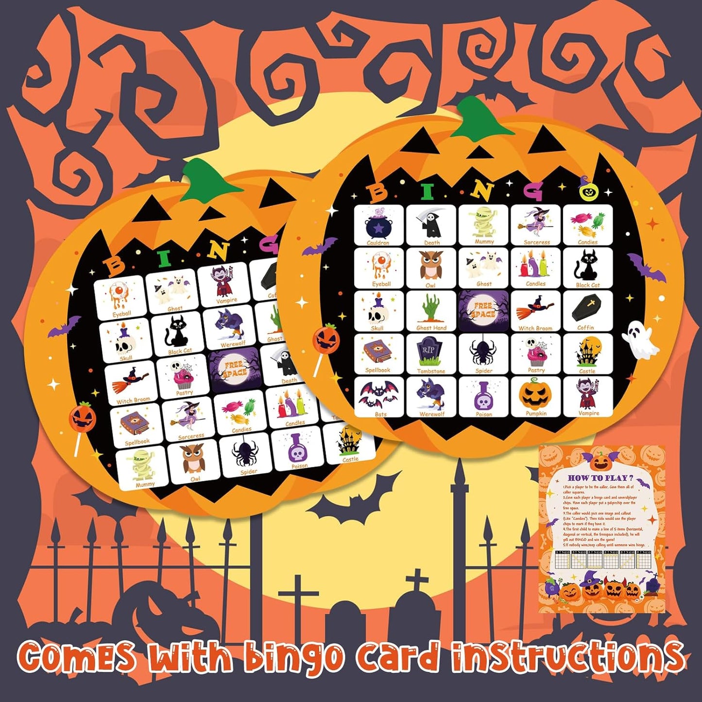 XZENTIRA Halloween 24 Players Games, Pumpkin Bingo Game Cards Set for Halloween Family Party Activities, Party Favors, Classroom Group Activities Bingo Games Set