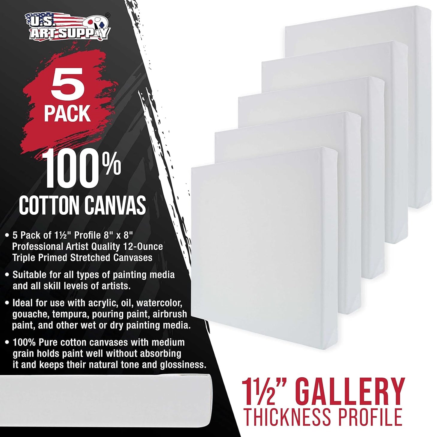 U.S. Art Supply Square Stretched Canvas for Painting 8x8 inch Gallery Depth 1-1/2" Thick, 5-Pack - 12oz Acrylic Gesso Triple Primed, Professional Artist Quality, 100% Cotton - Pouring, Oil Paint