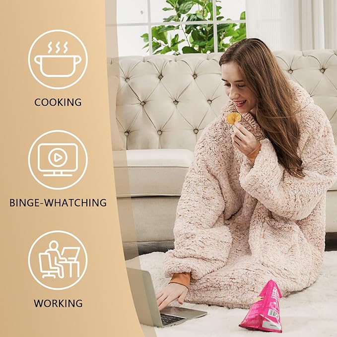 yescool Wearable Blanket Hoodie, Flannel Sherpa Fleece Blanket Sweatshirt for Adults Women Men,One Size Fits All