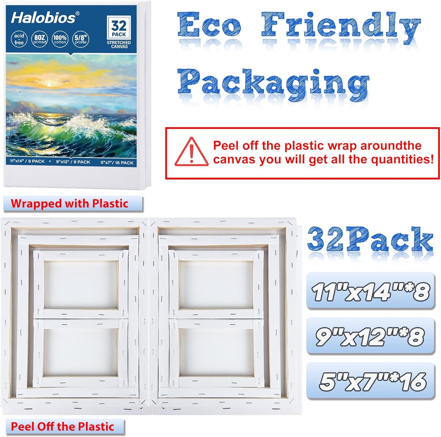 32 Packs Professional Stretched Canvas for Painting, Blank Canvas Art with 5 * 7in, 9 * 12in, 11 * 14in, Value Pack for Acrylic, Oil, Acrylic Pouring