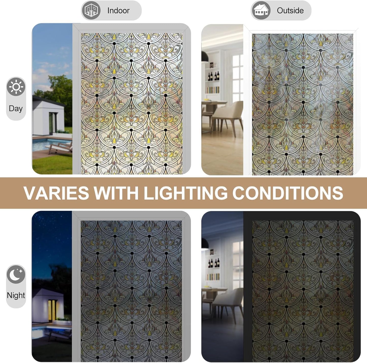 3D Stained Glass Window Film, Decorative Window Privacy Film for Bathroom,Front Door,Home, Sun Blocking Heat Control,Static Cling, Golden Ironwork 23.6inch x 70.8inch