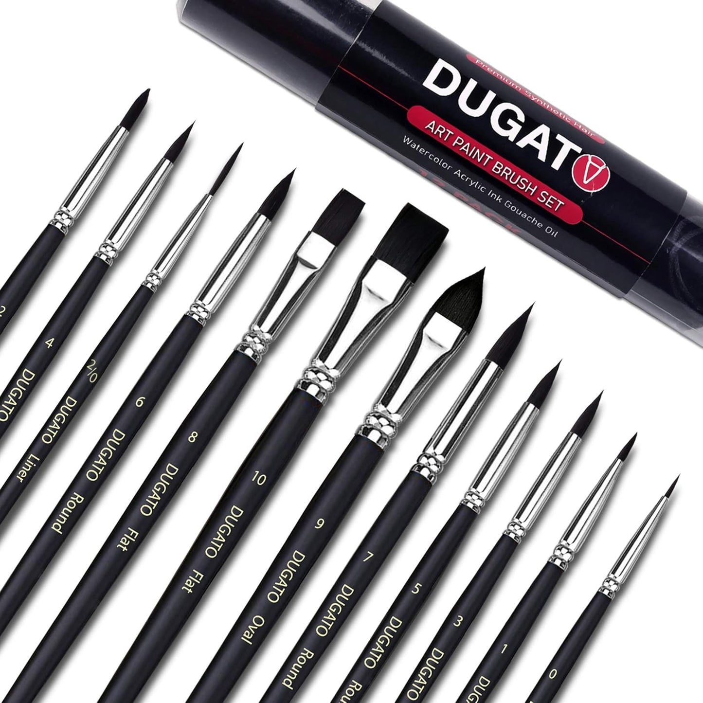 Watercolor Brushes Professional, DUGATO 12pc Artist Paint Brush Set - Synthetic Bristles (Round, Flat, Liner, Oval) for Watercolor Gouache Inks Painting