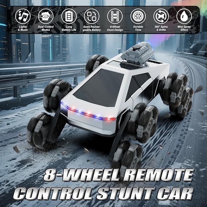 8 Wheel RC Stunt Car with Gesture Control, Spray & LED Lights, Gesture Sensing Remote Control Cars for Boys Age 6 7 8-12 13 14 Year Old, Christmas Birthday Gifts Ideas for Kids