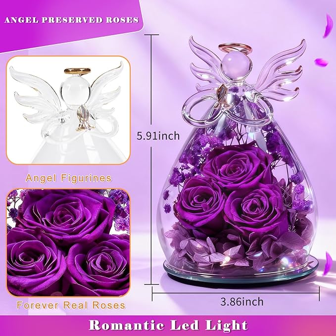 Beferr Valentines Day Rose Gifts for Her Women Mom Gifts for Birthday, Fresh Flowers for Delivery Forever Preserved Rose in Glass Angel Figurine, for Grandma Wife Daughter Girlfriend