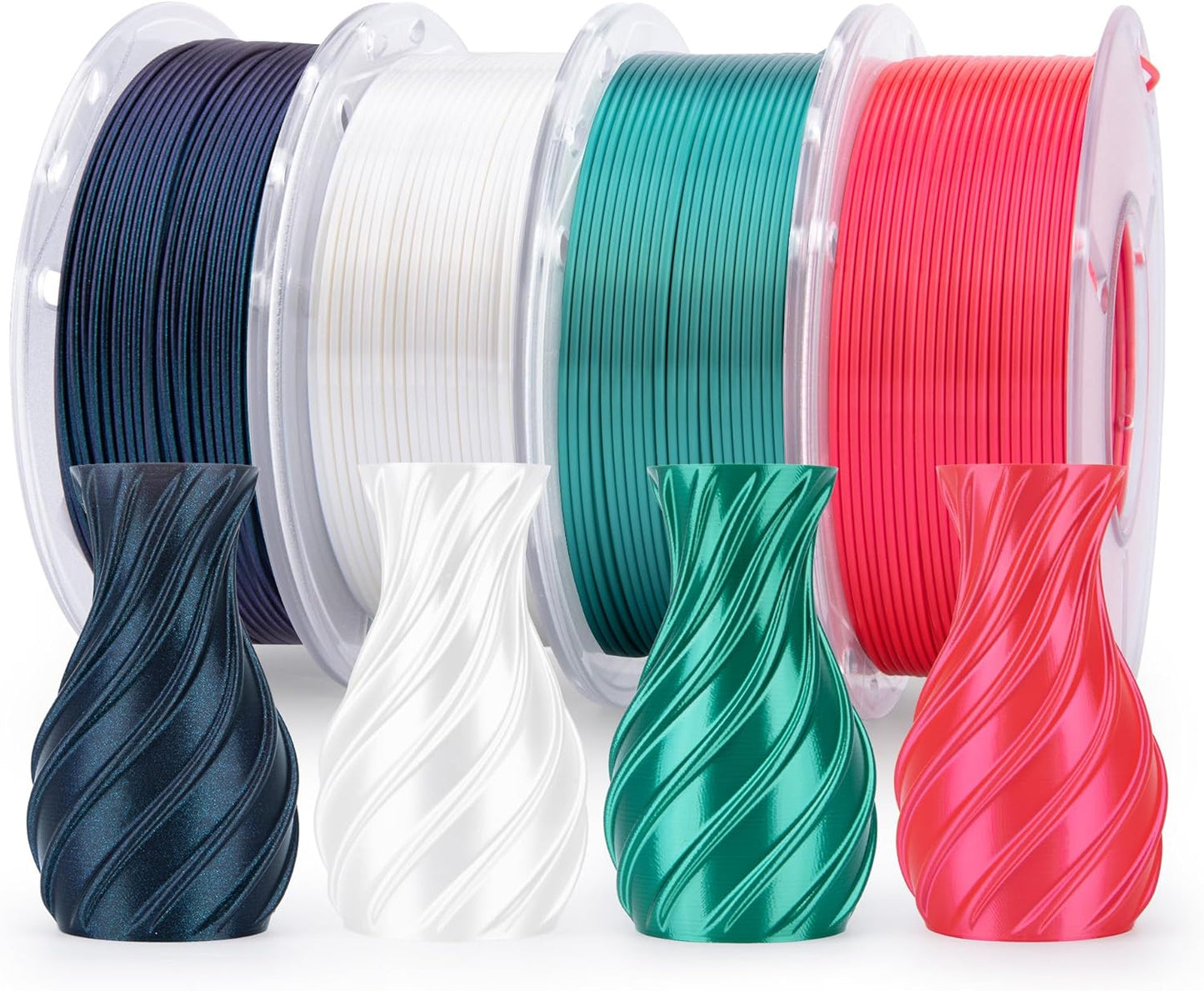 ELEGOO 250g Silk PLA Filament Bundle 1.75mm, 4 Colors Shiny 3D Printer Filaments Dimensional Accuracy +/- 0.02mm, 4 Pack 250g Spool Holly Green/Red/White/Galaxy Black