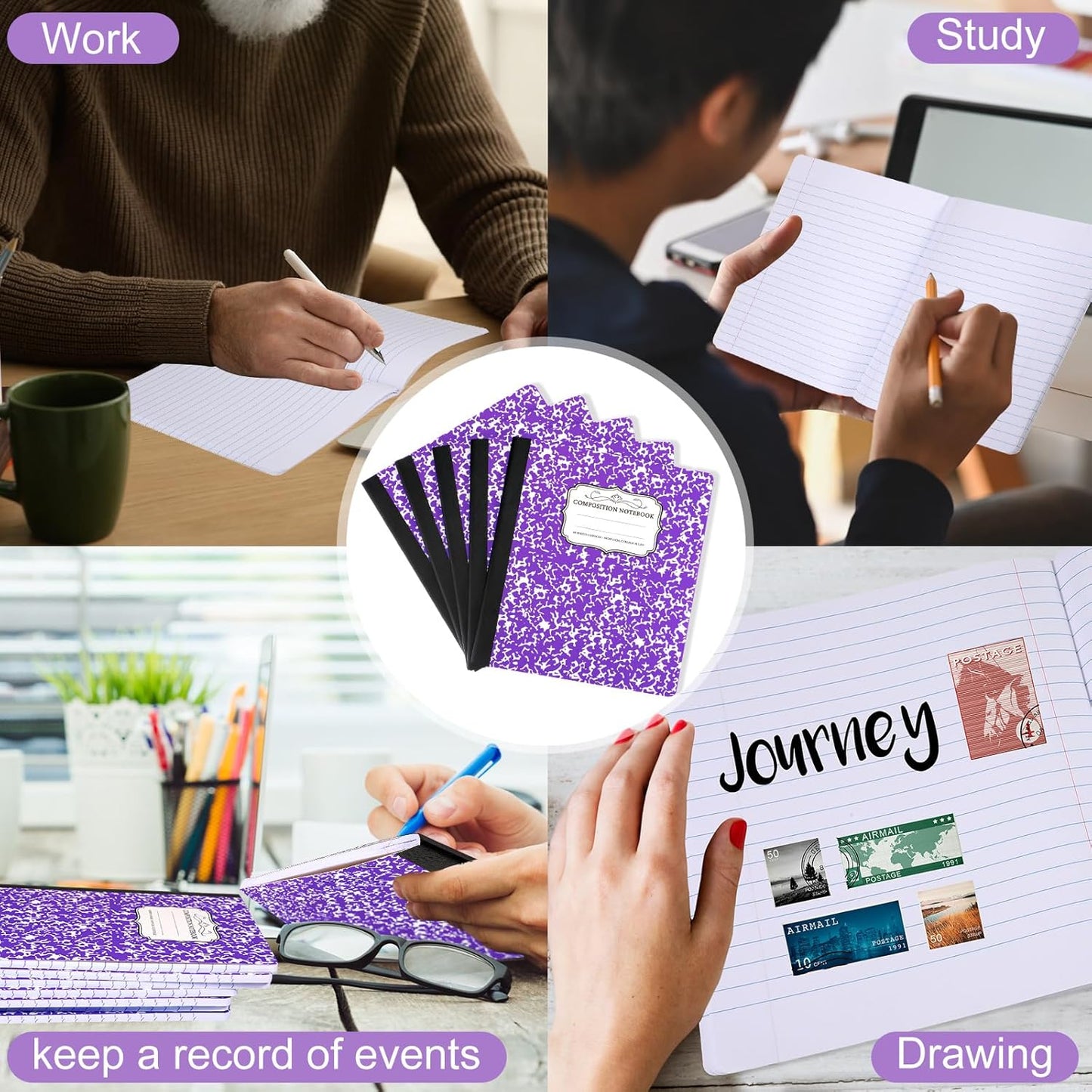 Seajan 20 Pack Composition Notebooks, Wide Ruled Paper, 7-1/2" x 9-3/4" Marble Hard Covers, 60 Sheets, Composition Notebooks Bulk for Students Back to School Adults Office Supplies(Purple)