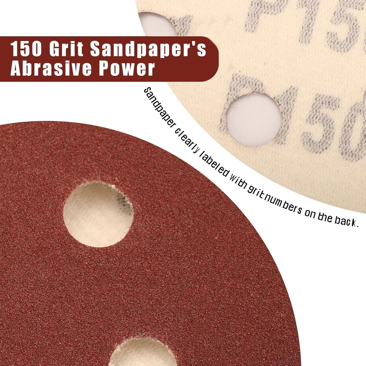 150 Grit 5 Inch Sanding Discs Hook and Loop Sandpaper, 150 PCS 8 Hole Adhesive Medium Grit Sand Paper for Random Orbital Sander