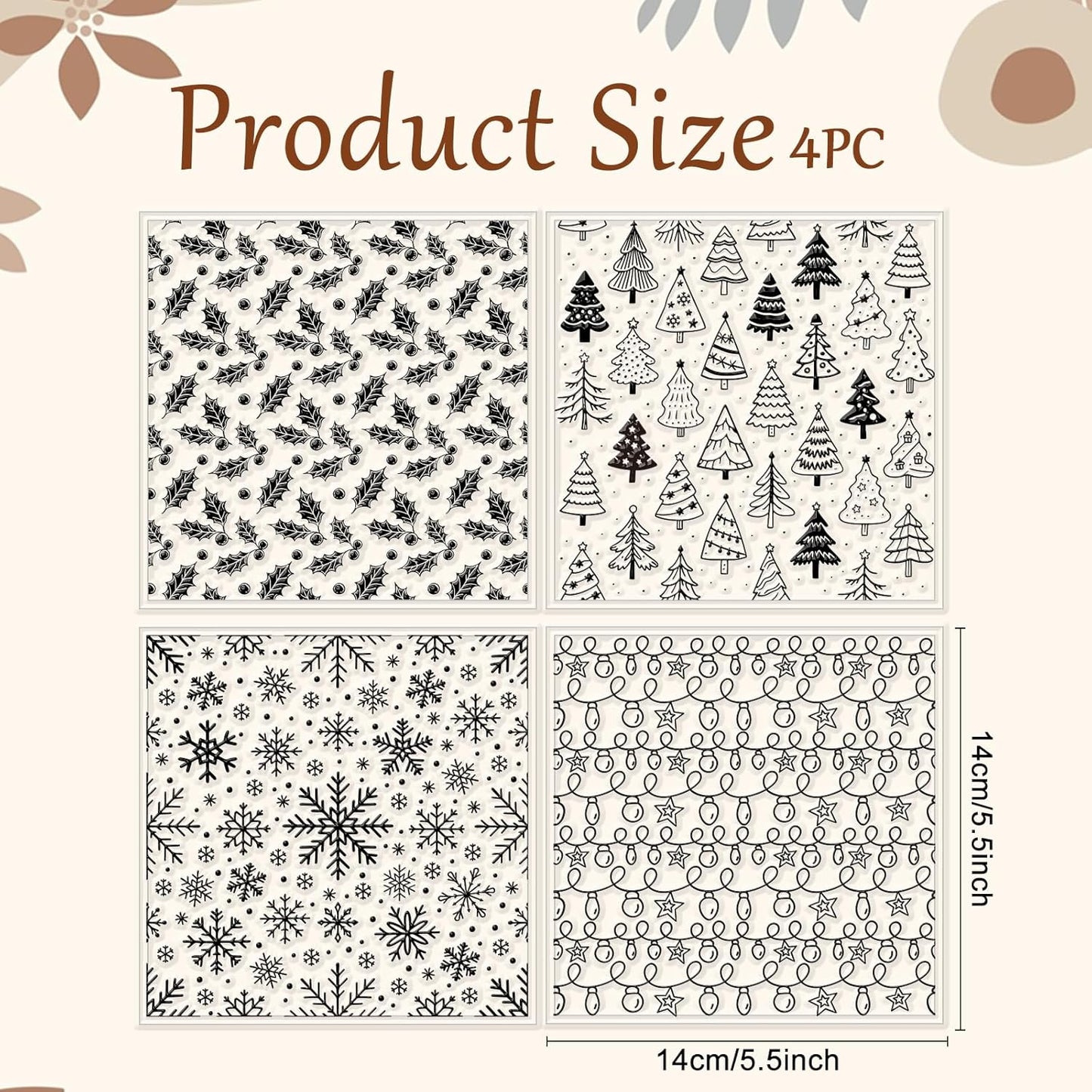 CHGCRAFT 4 Pcs Christmas Elements Polymer Clay Texture Sheets Snowflakes Silicone Texture Stamp Pine Trees Clay Texture Mat Modeling Pattern Pad Sheets for Jewelry and Earrings Tools, 5.5x5.5 inch