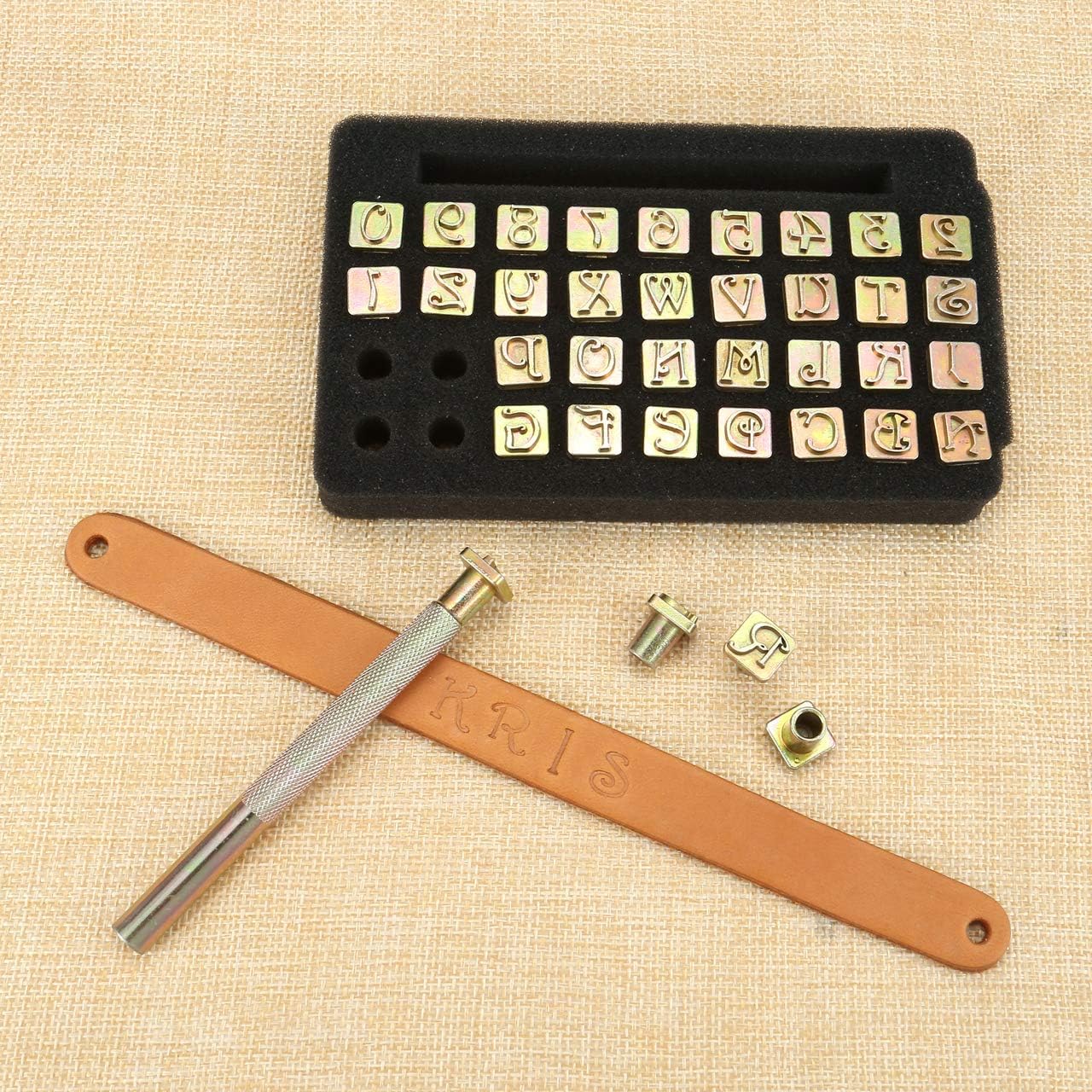 Yoption 37 Pieces Leather Stamping Tool Set, 26 Letters Alphabet & 10 Numbers Stamps Steel Punch Tool 9mm + 1 Stamping Handle for Leather Craft